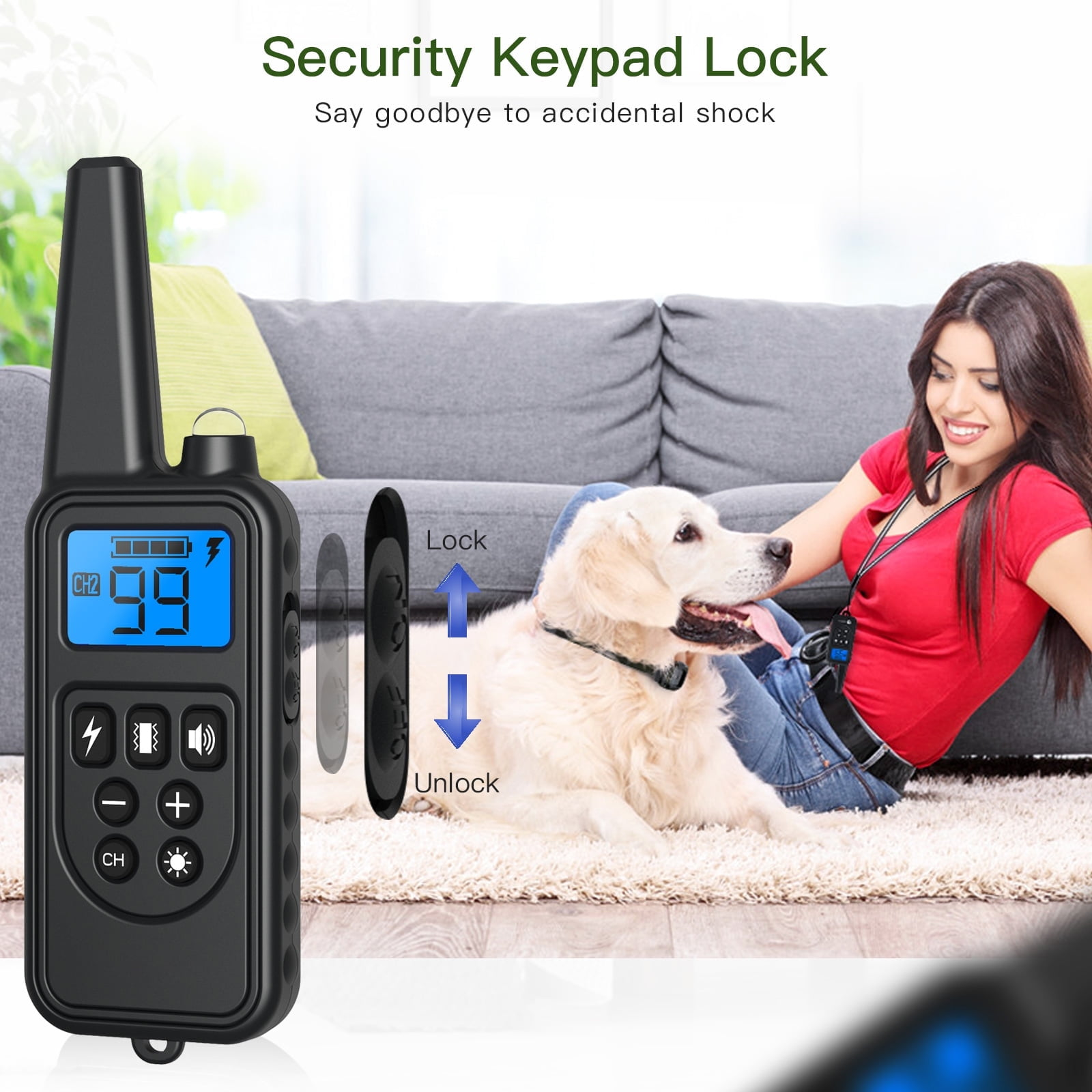 Eine Frau und ein Hund mit einem Schockhalsband. Ein Gerät zeigt 99 an. Der Text lautet: Security Keypad Lock. Verabschieden Sie sich von versehentlichen Schocks.