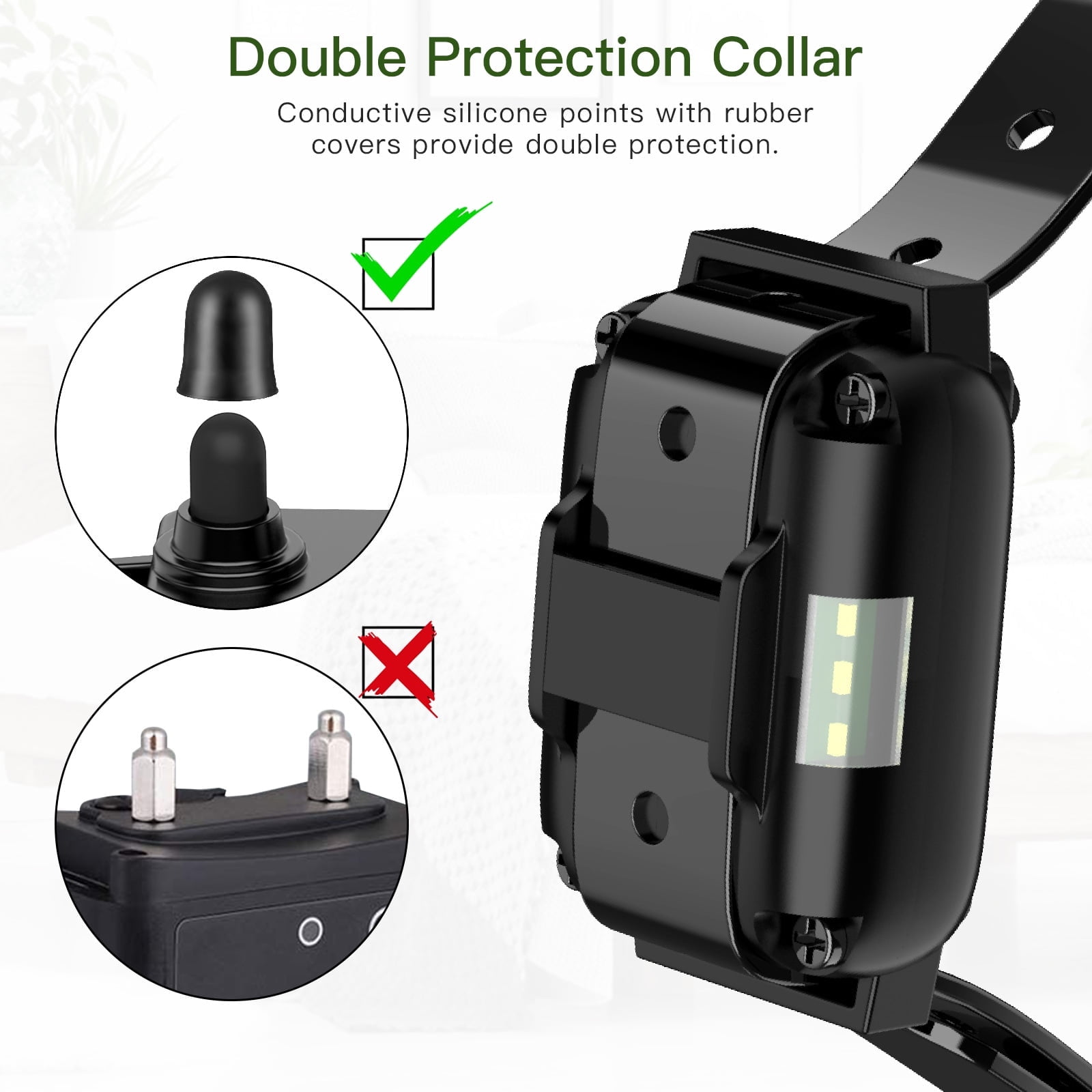 Schwarzes Hundehalsband mit detaillierten Komponenten. Text lautet 'Doppelter Schutzkragen'. Enthält Diagramme mit Häkchen und Kreuzen.