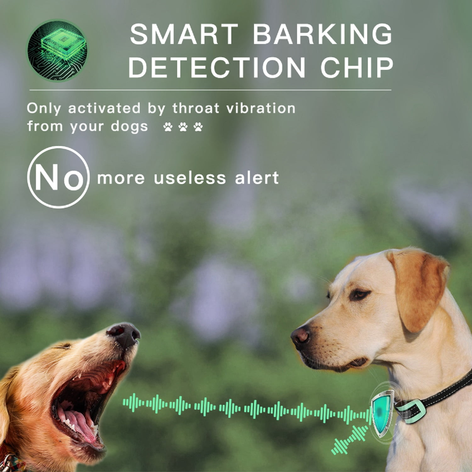 Das Bild zeigt zwei Hunde, einer bellt und der andere trägt ein Halsband. Text lautet 'Smart Barking Detection Chip', 'Kein unnötiger Alarm mehr'.