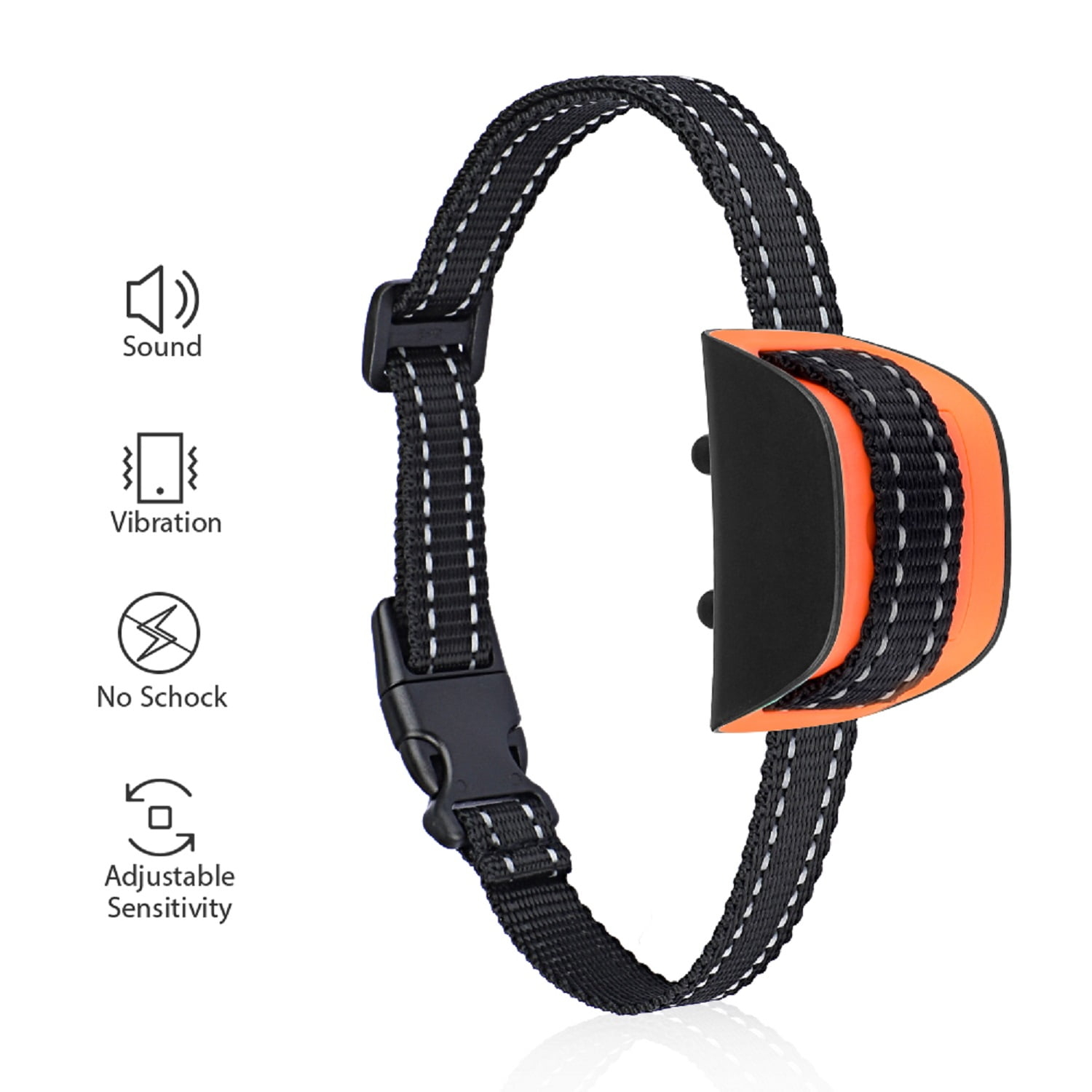 Ein schwarzes Hundehalsband mit weißen Nähten und einem orangefarbenen und schwarzen Modul. Verfügt über Ton, Vibration, einstellbare Empfindlichkeit und keinen Schock.