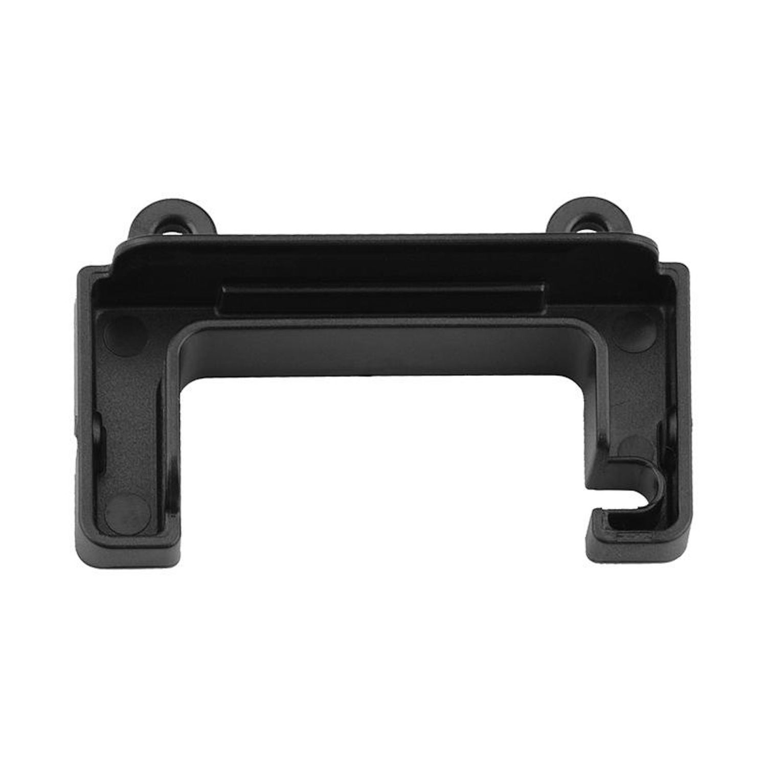 Una staffa di plastica nera, di forma rettangolare e con due fori circolari nella parte superiore. La staffa ha un'apertura a forma di U.