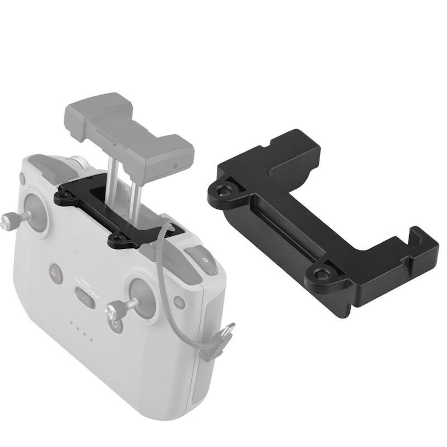 Un supporto nero per controller drone e un controller drone. Il supporto è a forma di L nero, il controller è bianco e grigio.