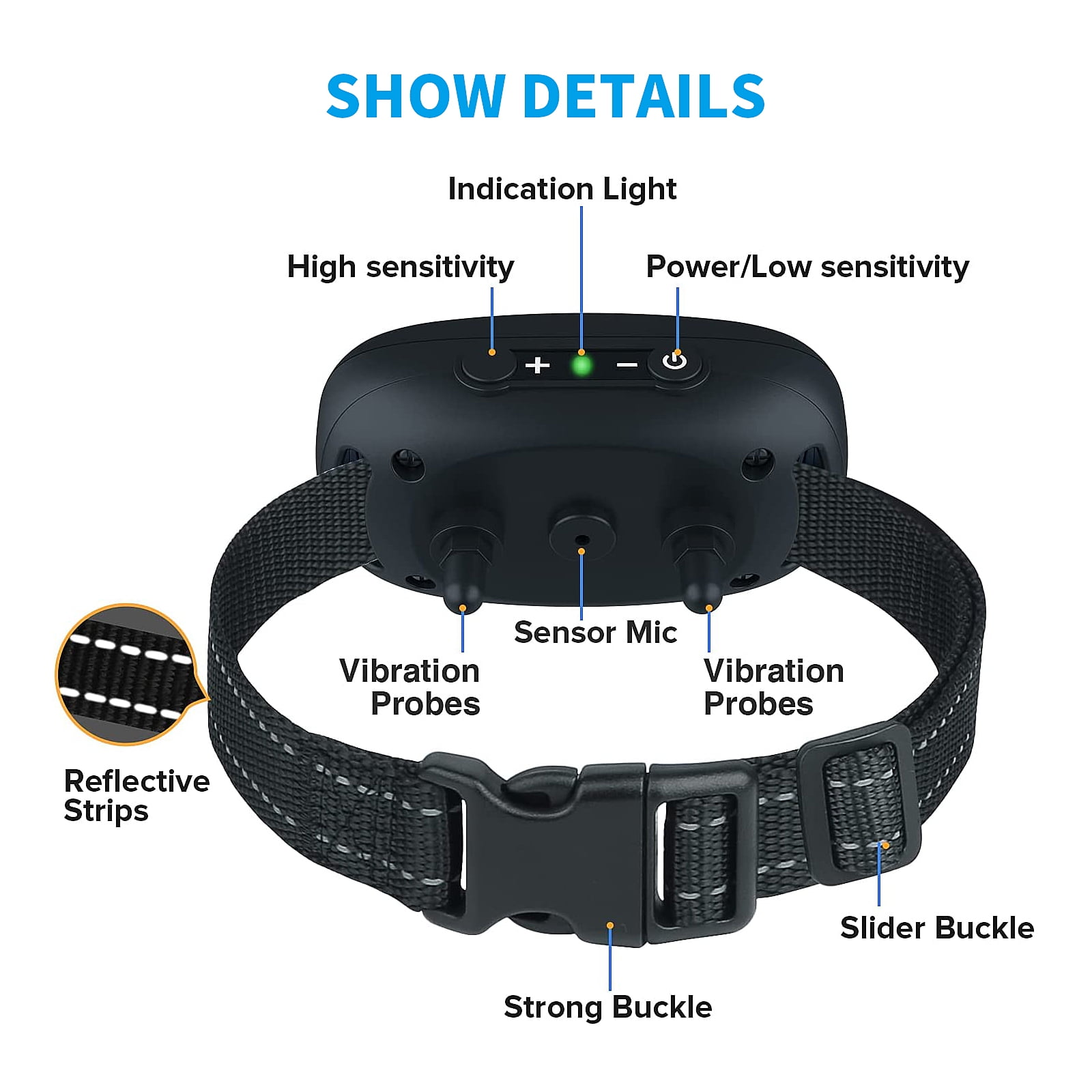 Schwarzes Hundehalsband mit reflektierenden Streifen, Schnalle und Bedienfeld mit Knöpfen und Lichtern. Beschriftete Details.