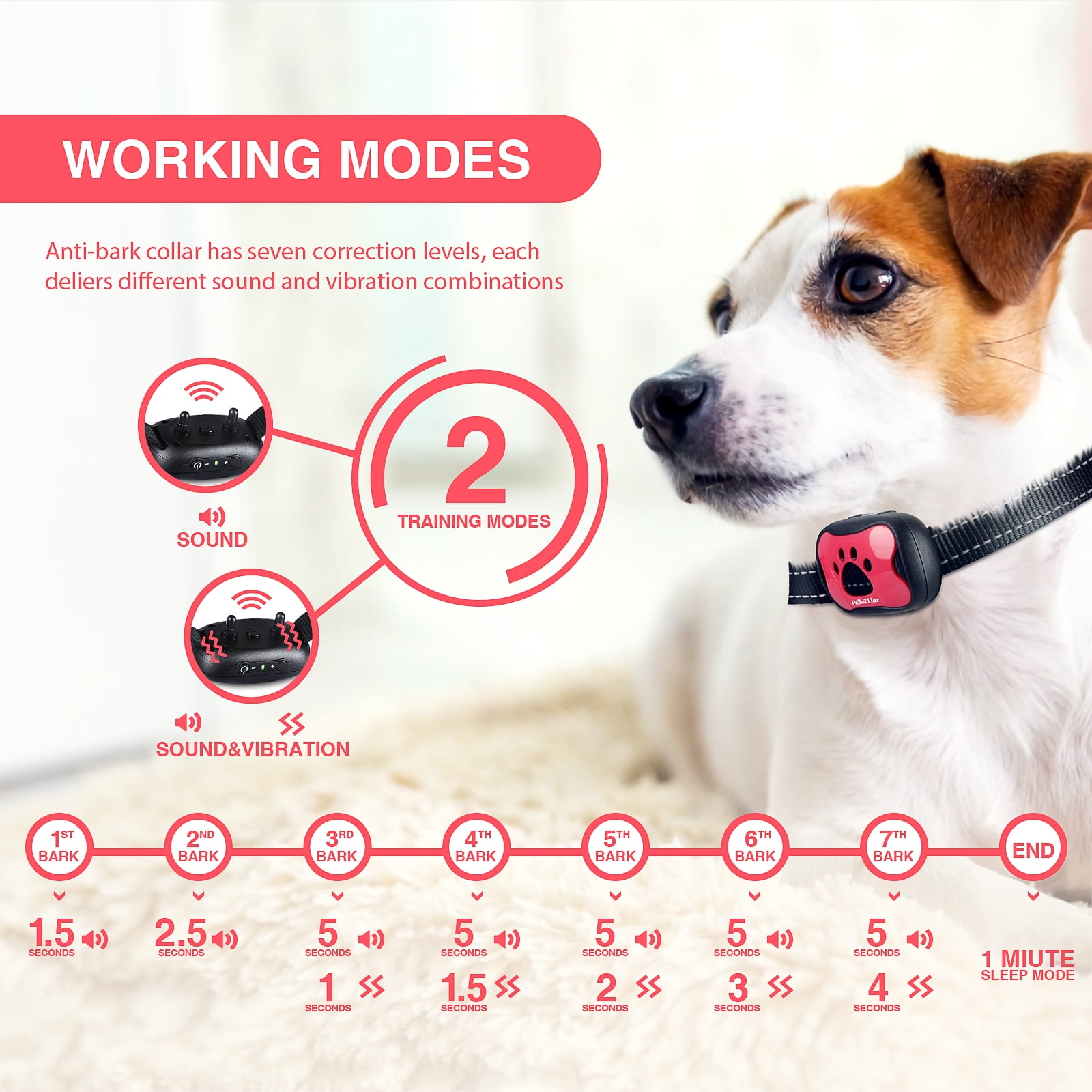 Hund mit Anti-Bell-Halsband. Diagramm zeigt Modi: Ton, Ton & Vibration sowie Bellstufen mit zunehmender Dauer.