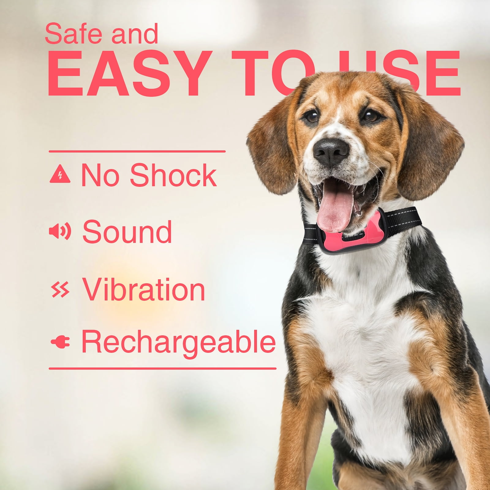 Hund mit rosa Halsband. Text: Sicher und einfach zu bedienen. Merkmale: Kein Schock, Ton, Vibration, wiederaufladbar.