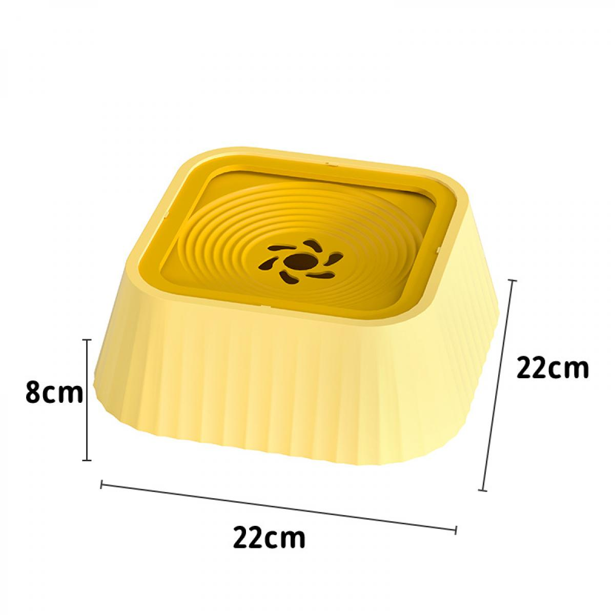 Eine gelbe quadratische Futterschüssel für Haustiere mit Maßangaben. Die Schüssel hat eine strukturierte Außenseite und ein Design aus konzentrischen Kreisen innen.