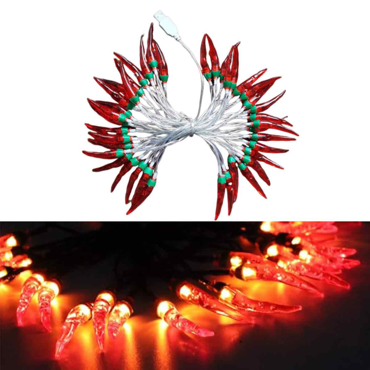 Lichterkette mit Chilischoten. Rote Paprika mit grünen Akzenten und weißem Draht. Unten beleuchtet mit dunklem Hintergrund.