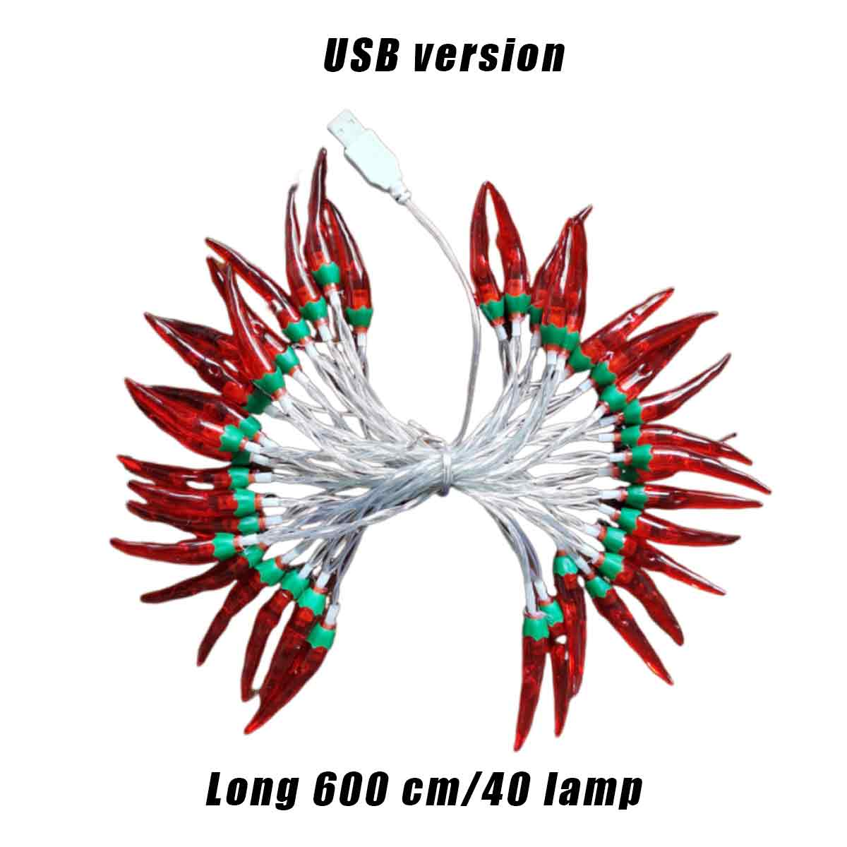 Lichterketten in Form von roten Chilischoten mit grünen Akzenten, verbunden durch silbernes Kabel, USB-betrieben, auf weißem Hintergrund.