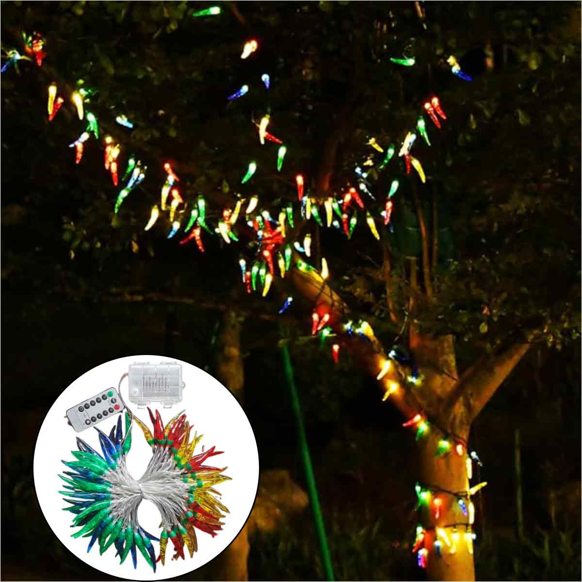 Baum mit bunten, chili-förmigen Lichtern geschmückt. Eine Nahaufnahme zeigt eine Fernbedienung und Lichterketten.
