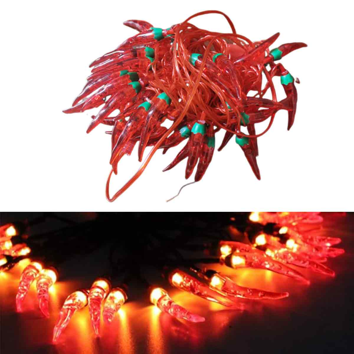Kette aus roten Chilischoten-Lichtern. Jede Schote hat eine grüne Spitze. Unten: Lichter sind an, beleuchten eine dunkle Oberfläche.
