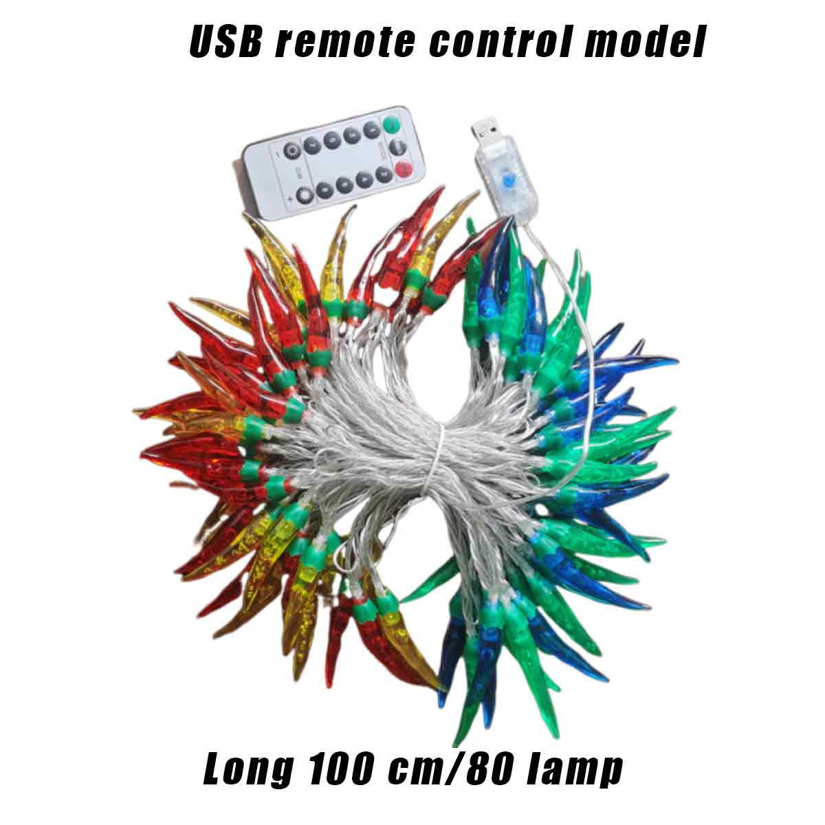 Eine Lichterkette in Form von Chilischoten mit Fernbedienung und USB-Anschluss. Text: 'USB-Fernbedienungsmodell' und 'Lang 100 cm/80 Lampe'.