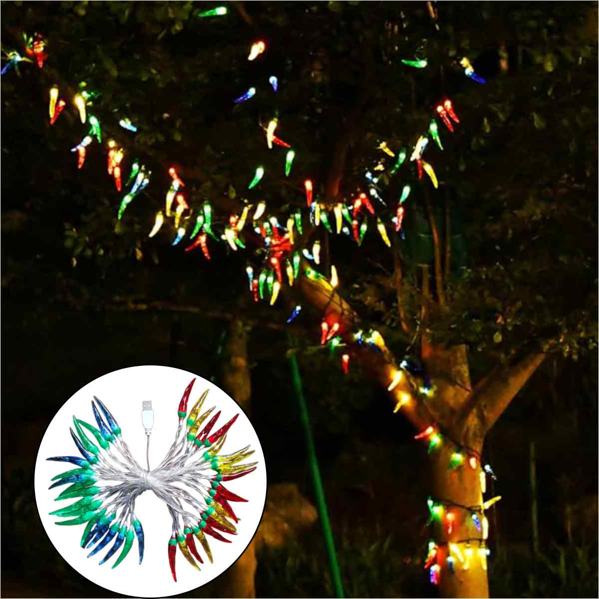 Ein Baum ist mit chili-förmigen Lichterketten in verschiedenen Farben geschmückt. Eine Nahaufnahme zeigt die Lichter und einen USB-Anschluss.