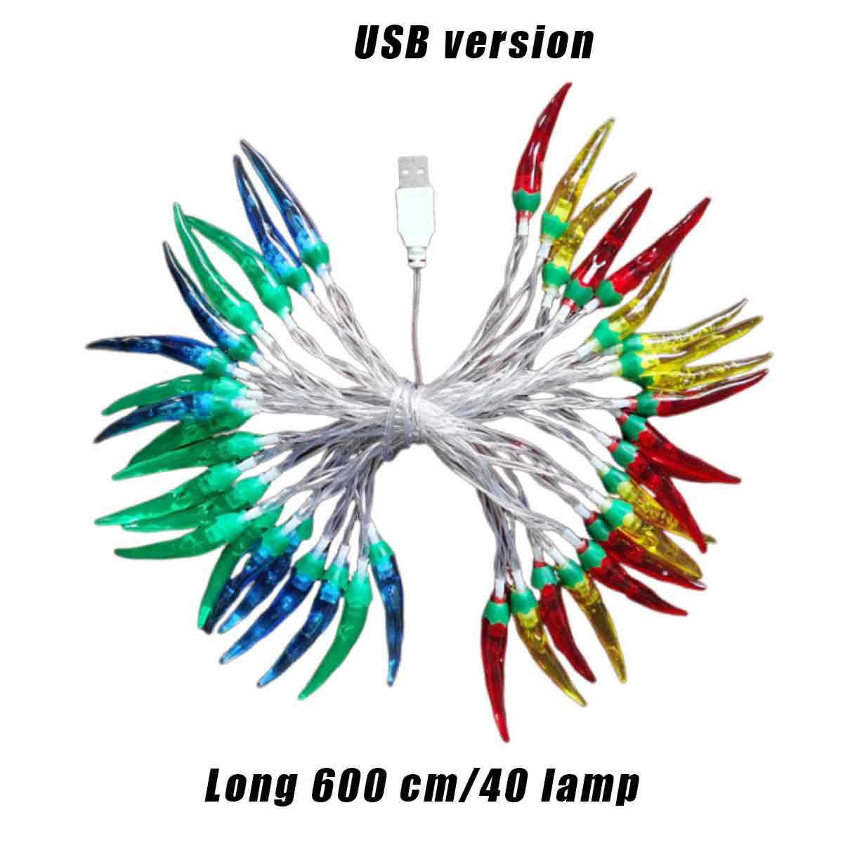 Lichterketten in Form von Chilischoten. Sie sind in verschiedenen Farben gehalten und mit einem USB-Kabel verbunden. Text: 'USB-Version' und 'Lang 600 cm/40 Lampe'.
