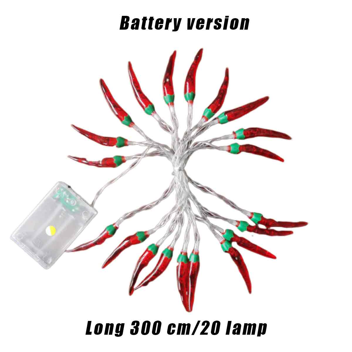 Lichterketten in Form von roten Chilischoten mit grünen Stielen. Auf der linken Seite befindet sich ein Akku. Der Text oben lautet 'Batterieversion'.