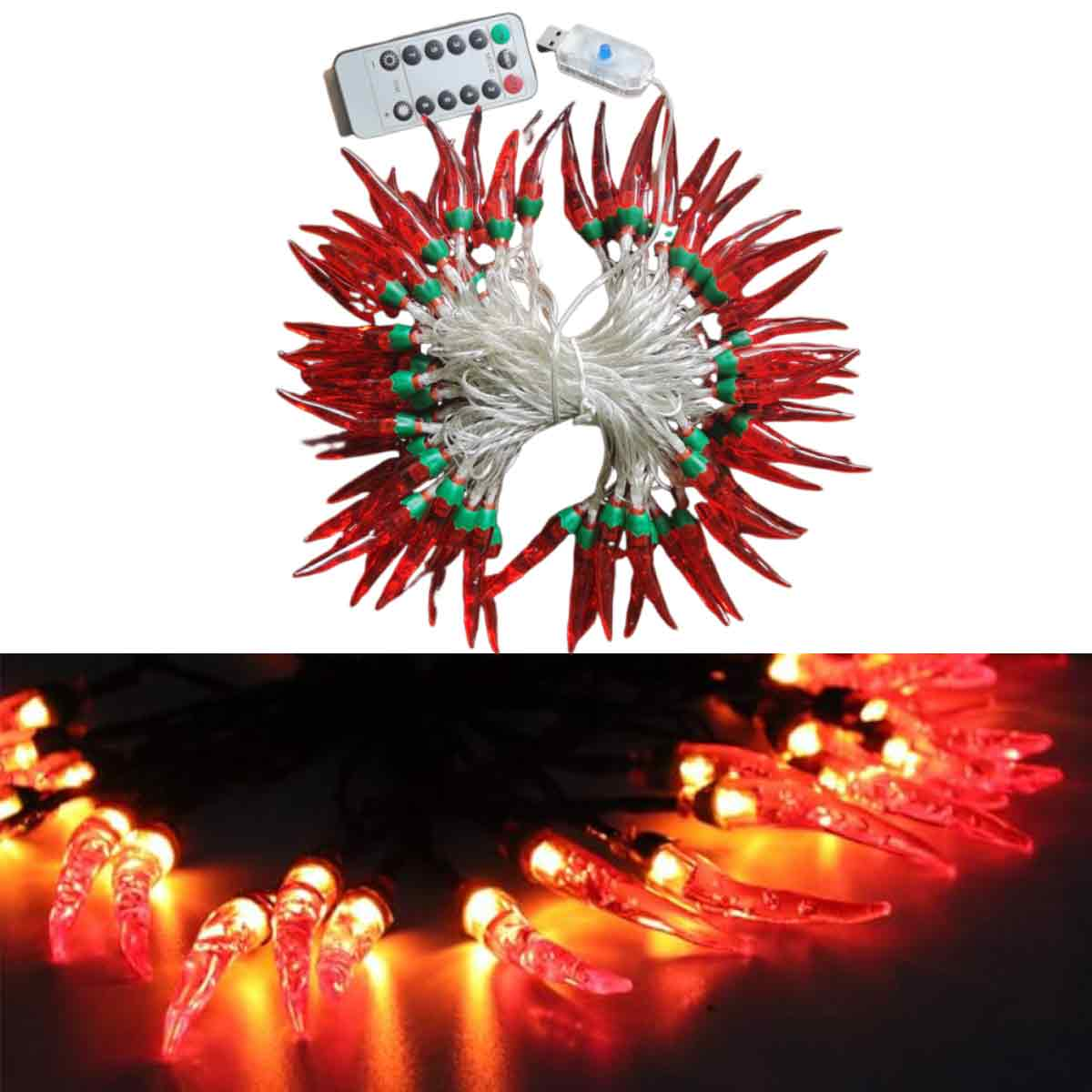 Lichterketten in Form von roten Chilischoten mit grünen Akzenten. Enthält eine Fernbedienung und ein Netzteil. Die Lichter leuchten orange.