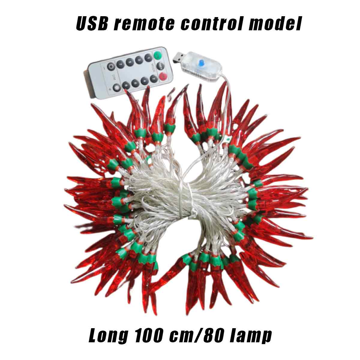 Lichterkette mit roten chili-förmigen Lichtern und einer Fernbedienung. Text: 'USB-Fernbedienungsmodell' und 'Länge 100 cm/80 Lampe'.