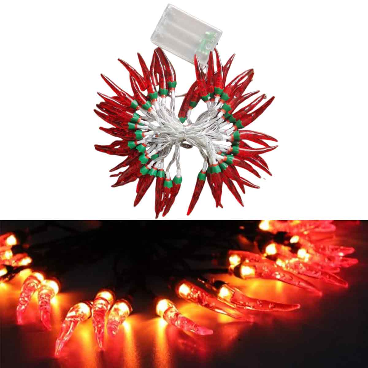Lichterkette in Form von roten Chilischoten mit grünen Akzenten und einem Akku. Der untere Teil zeigt beleuchtete Paprika.