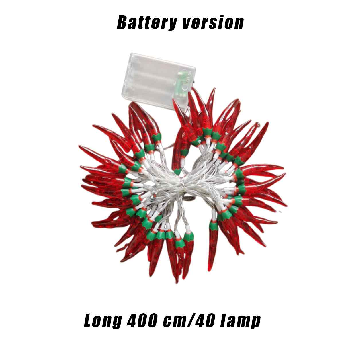 Eine Lichterkette in Form roter Chilischoten mit grünen Spitzen, batteriebetrieben, mit transparentem Batteriekasten und Text 'Long 400 cm/40 lamp'.