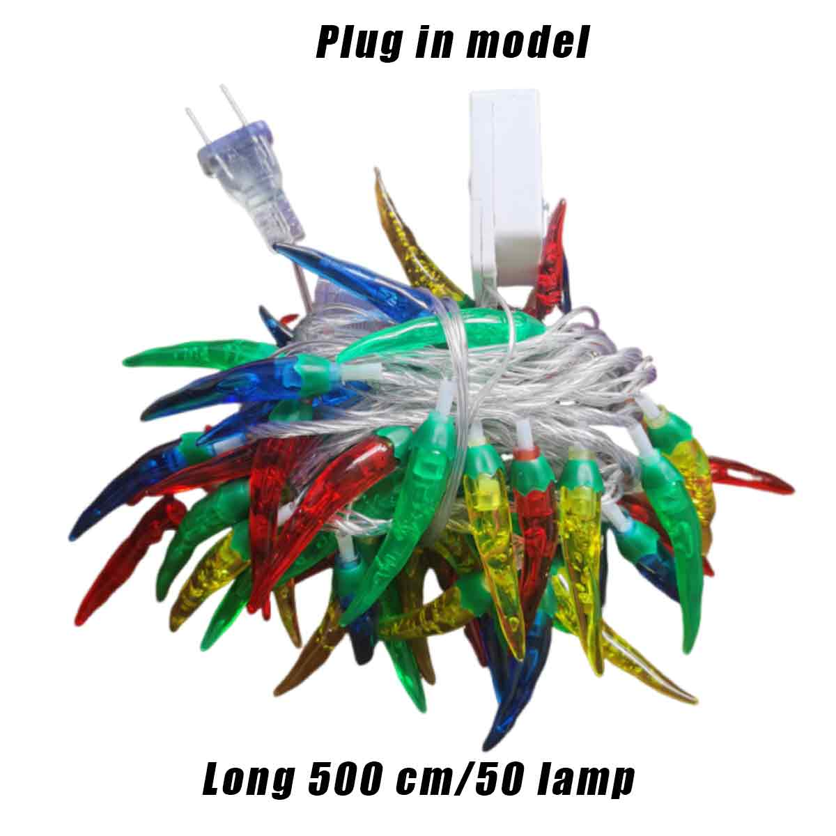 Eine Lichterkette in Form von bunten Chili-Pfeffern mit Stecker. Text: Plug-in-Modell, Lang 500 cm/50 Lampen.
