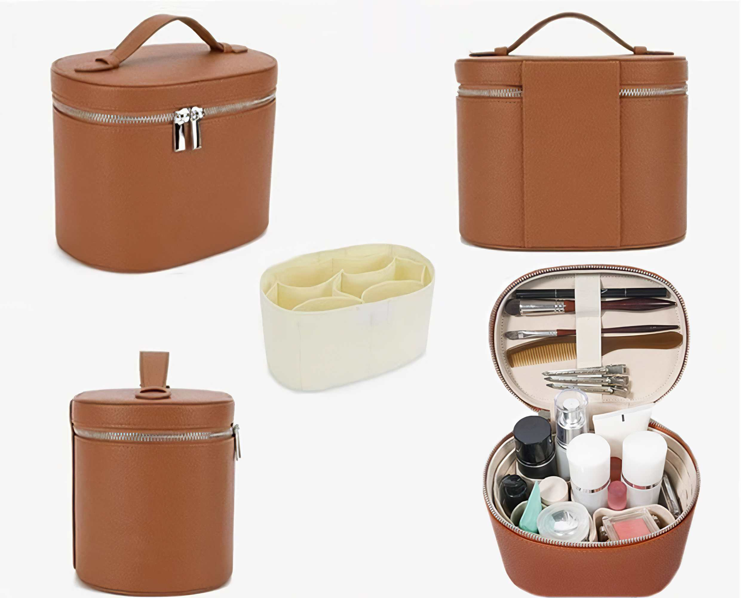 Braune Kosmetiktaschen aus Leder, eine geschlossen, eine offen mit Make-up-Inhalt und ein weißer Innenorganisator.