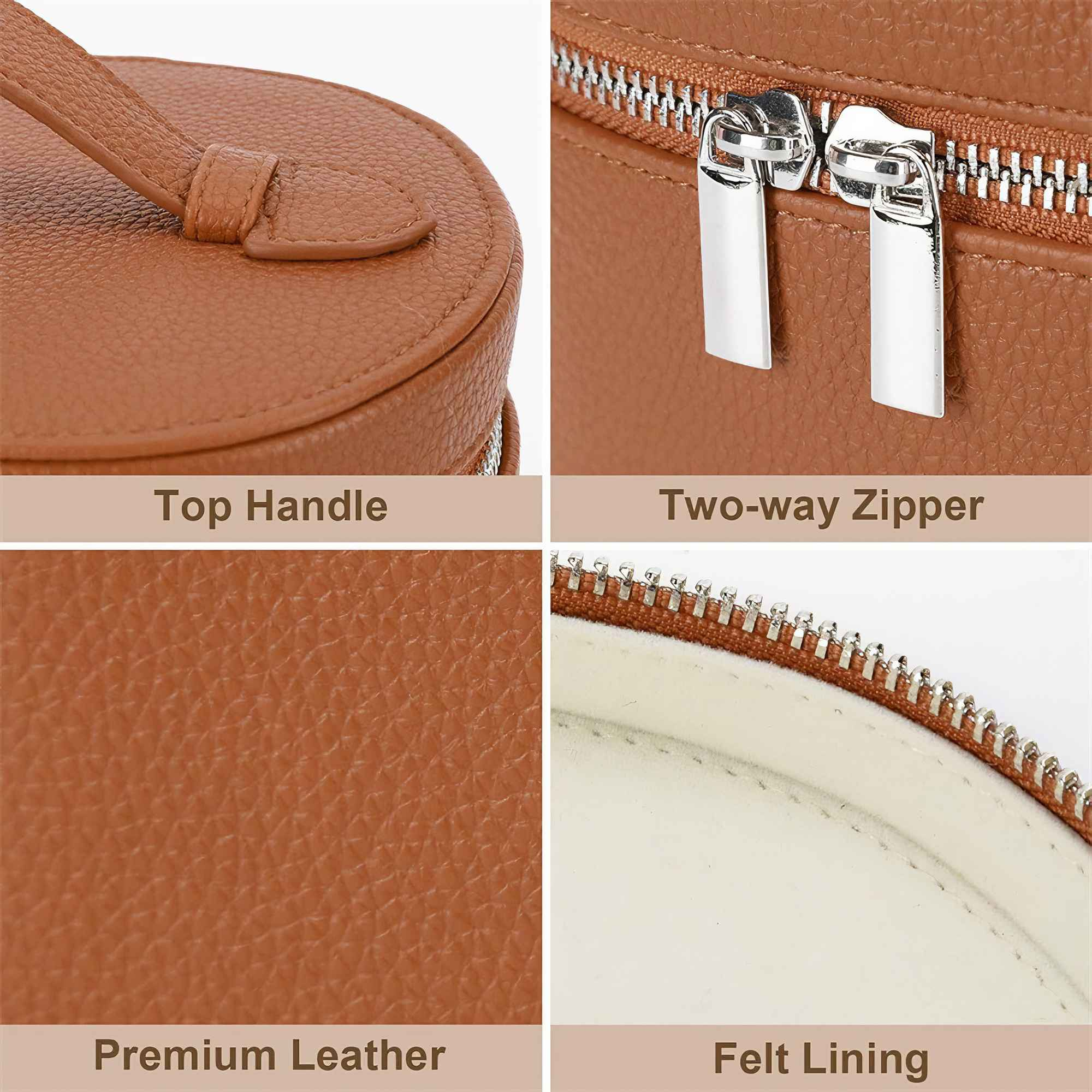 Das Bild zeigt Details einer braunen Ledertasche, einschließlich des oberen Griffs, des Zwei-Wege-Reißverschlusses, der Lederstruktur und des Filzfutters.