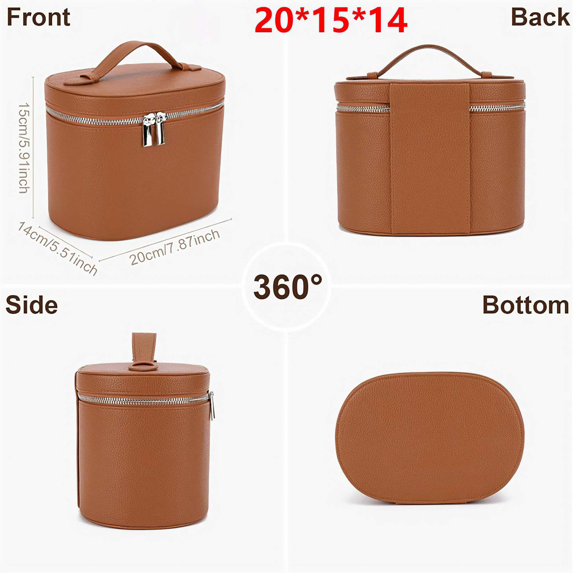 Eine braune, zylindrische Reisetasche mit Griff. Sie hat einen Reißverschluss und einen rechteckigen Boden. Abmessungen sind angezeigt.