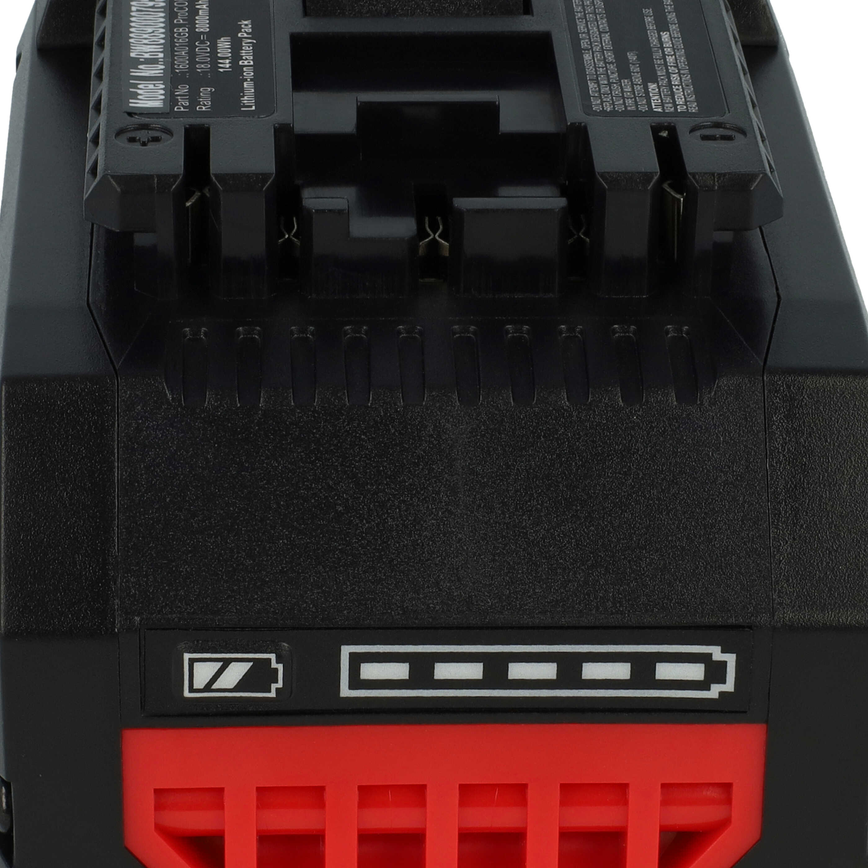 Ein schwarzer und roter Lithium-Ionen-Akkupack mit weißem Text und einer Batteriestandsanzeige.