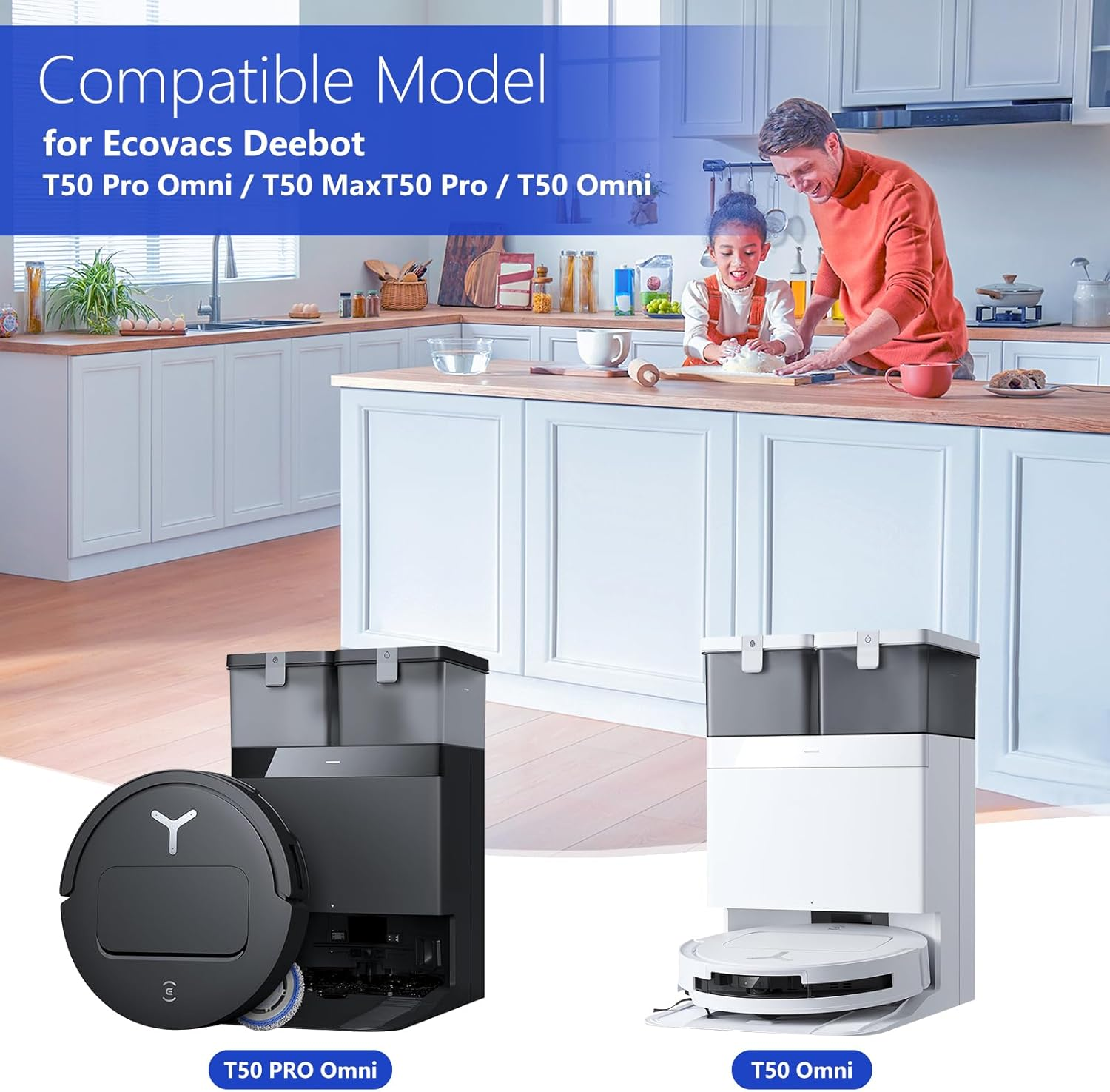 Obraz przedstawia scenę kuchenną z ojcem i córką gotującymi. Poniżej widoczne są dwa roboty odkurzające, oznaczone jako T50 Pro Omni i T50 Omni.