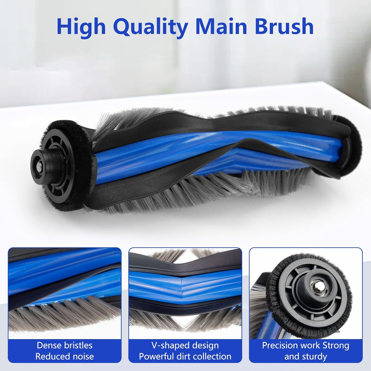 Szczotka główna odkurzacza. Ma gęste włosie, konstrukcję w kształcie litery V i jest opisana jako mocna i wytrzymała. Kolory niebieski i czarny.