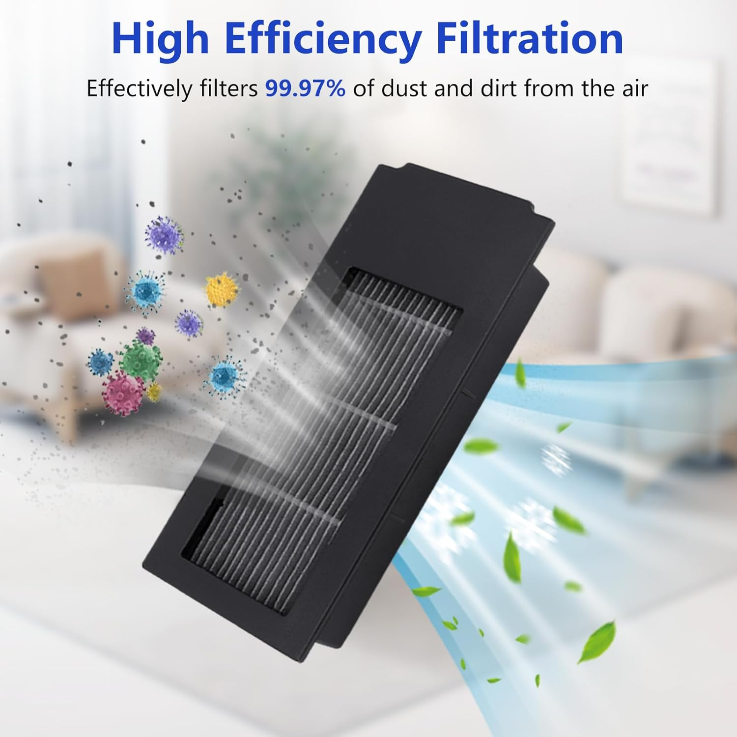 Pokazany jest czarny filtr powietrza z cząsteczkami i liśćmi wokół niego oraz tekst, który mówi „Wysoka wydajność filtracji” i „Skutecznie filtruje”.