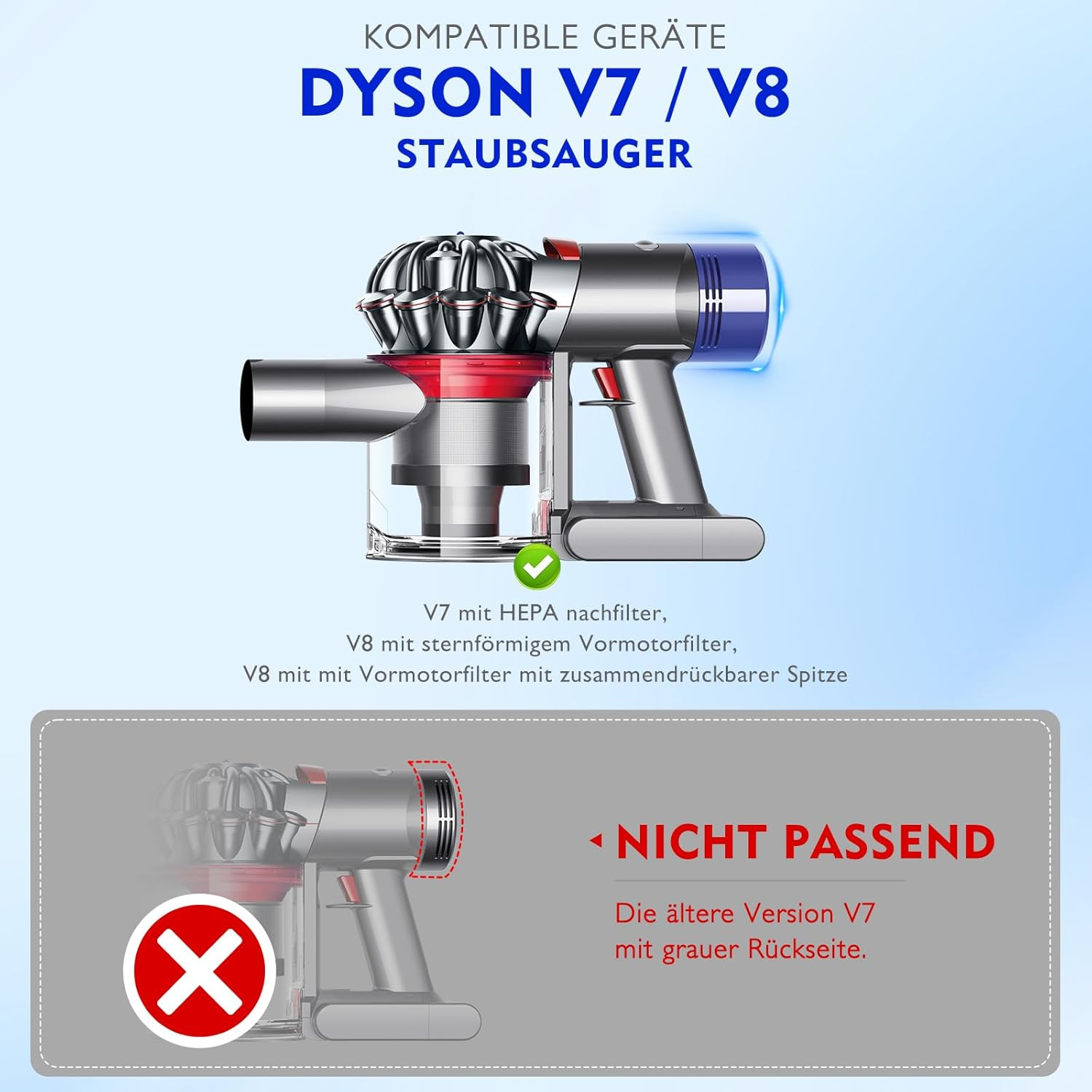 Obraz przedstawia odkurzacze Dyson V7/V8. Tekst wskazuje modele kompatybilne i niekompatybilne. Czerwony X pokazuje model niekompatybilny.