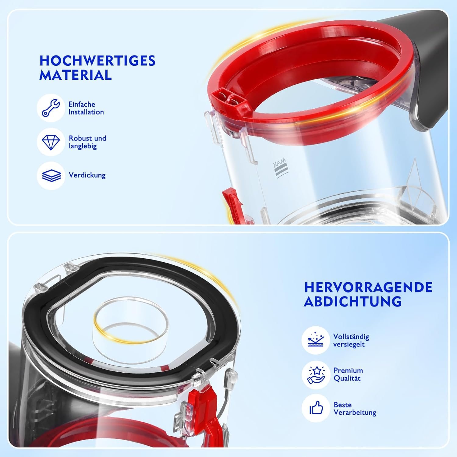 Części odkurzacza: czerwone i przezroczyste elementy z tworzywa sztucznego, z niemieckim tekstem wskazującym na wysokiej jakości materiał i uszczelnienie.