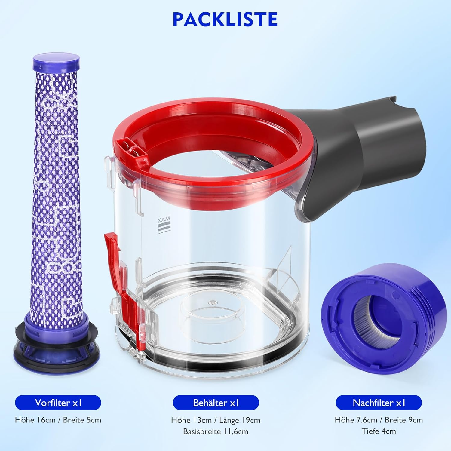 Obraz przedstawia części odkurzacza: fioletowy filtr wstępny, przezroczysty pojemnik z czerwoną obwódką i niebieski filtr wtórny, każdy z wymiarami.