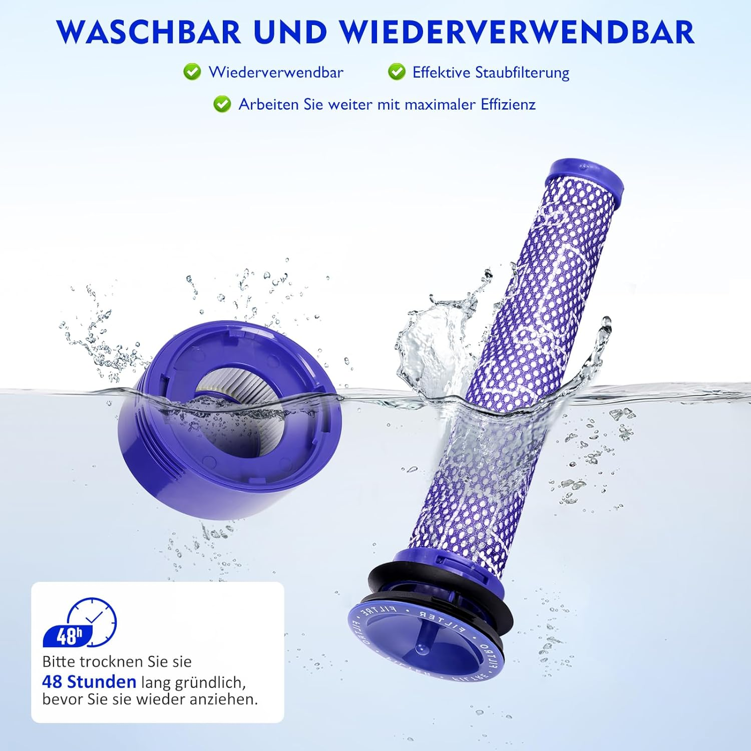 Fioletowy filtr do odkurzacza zanurzony w wodzie. Tekst u góry brzmi 'Można prać i używać ponownie'. Instrukcje zalecają 48 godzin suszenia.