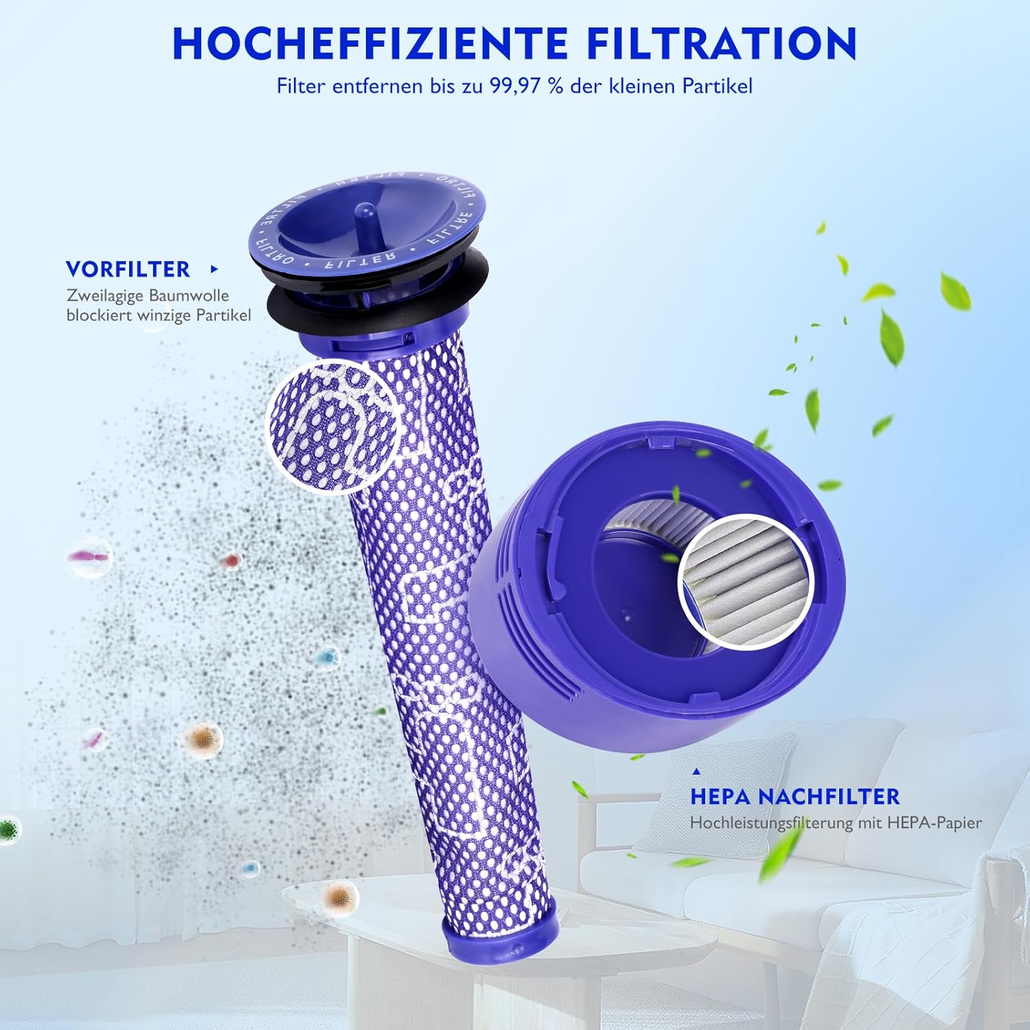 Obraz przedstawia fioletowy filtr z wycięciem pokazującym filtr. Tekst wskazuje na wysoką wydajność filtracji. W tle unoszą się cząsteczki.