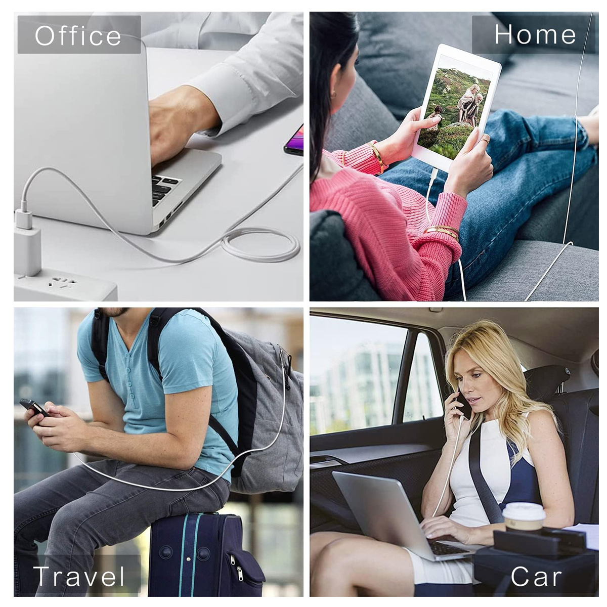 Das Bild zeigt ein Kabel, das in verschiedenen Umgebungen verwendet wird: Büro, Zuhause, Reisen und Auto. Personen verwenden Geräte, die an das Kabel angeschlossen sind.