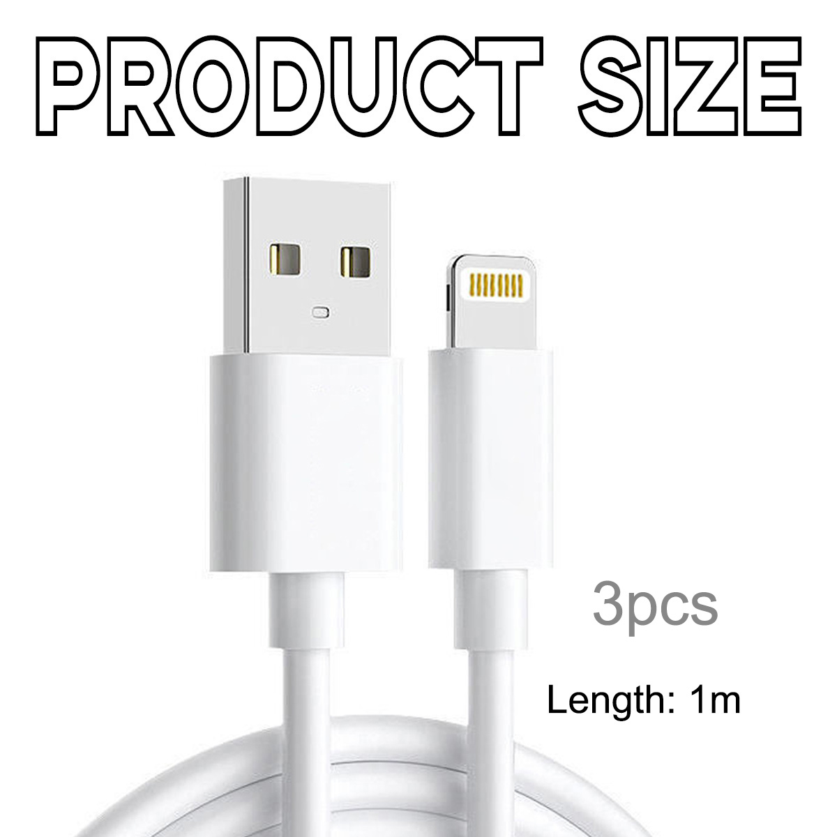 Weißes USB-Ladekabel mit Lightning-Anschluss. Aufschrift: Produktgröße, 3 Stück, Länge: 1m.