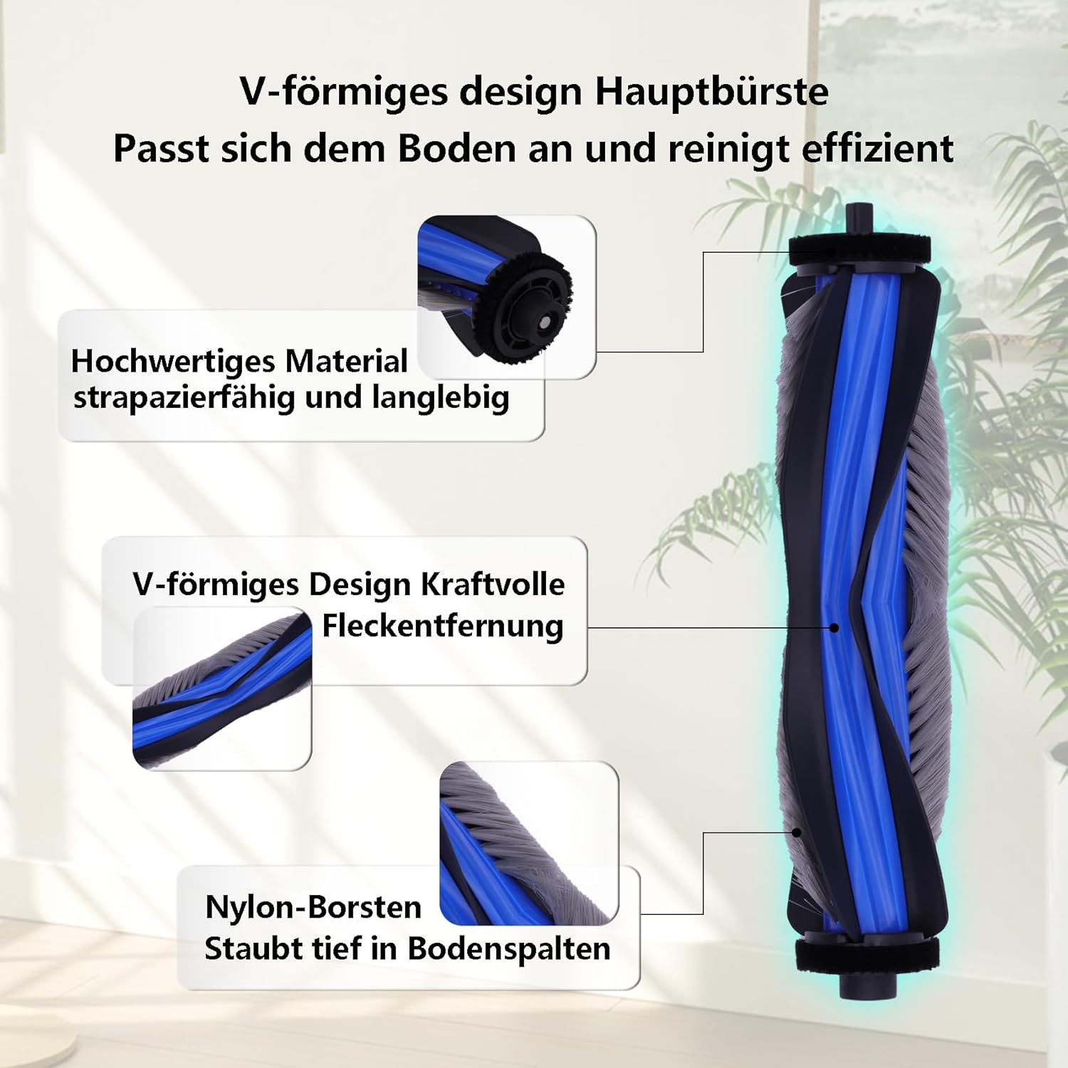 Schemat szczotki rolkowej do odkurzacza. Pokazuje konstrukcję w kształcie litery V, nylonowe włosie i wysokiej jakości materiał.