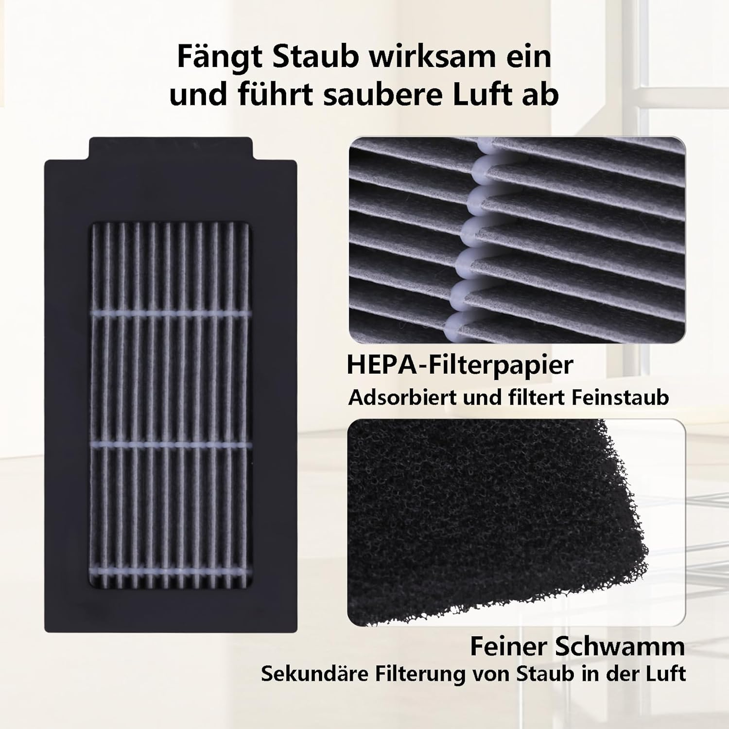 Obraz przedstawia elementy filtra powietrza: czarną ramkę z filtrem, papier HEPA i drobną gąbkę. Teksty w języku niemieckim opisują funkcję.