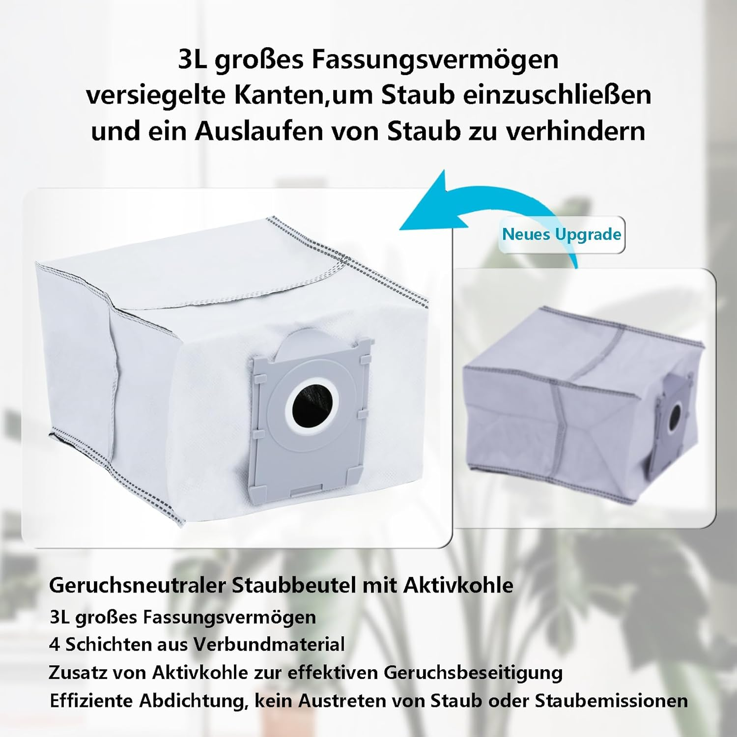 Obraz przedstawia biały worek do odkurzacza z szarym złączem. Tekst podkreśla cechy takie jak pojemność 3L, uszczelnione krawędzie i kontrola zapachu.