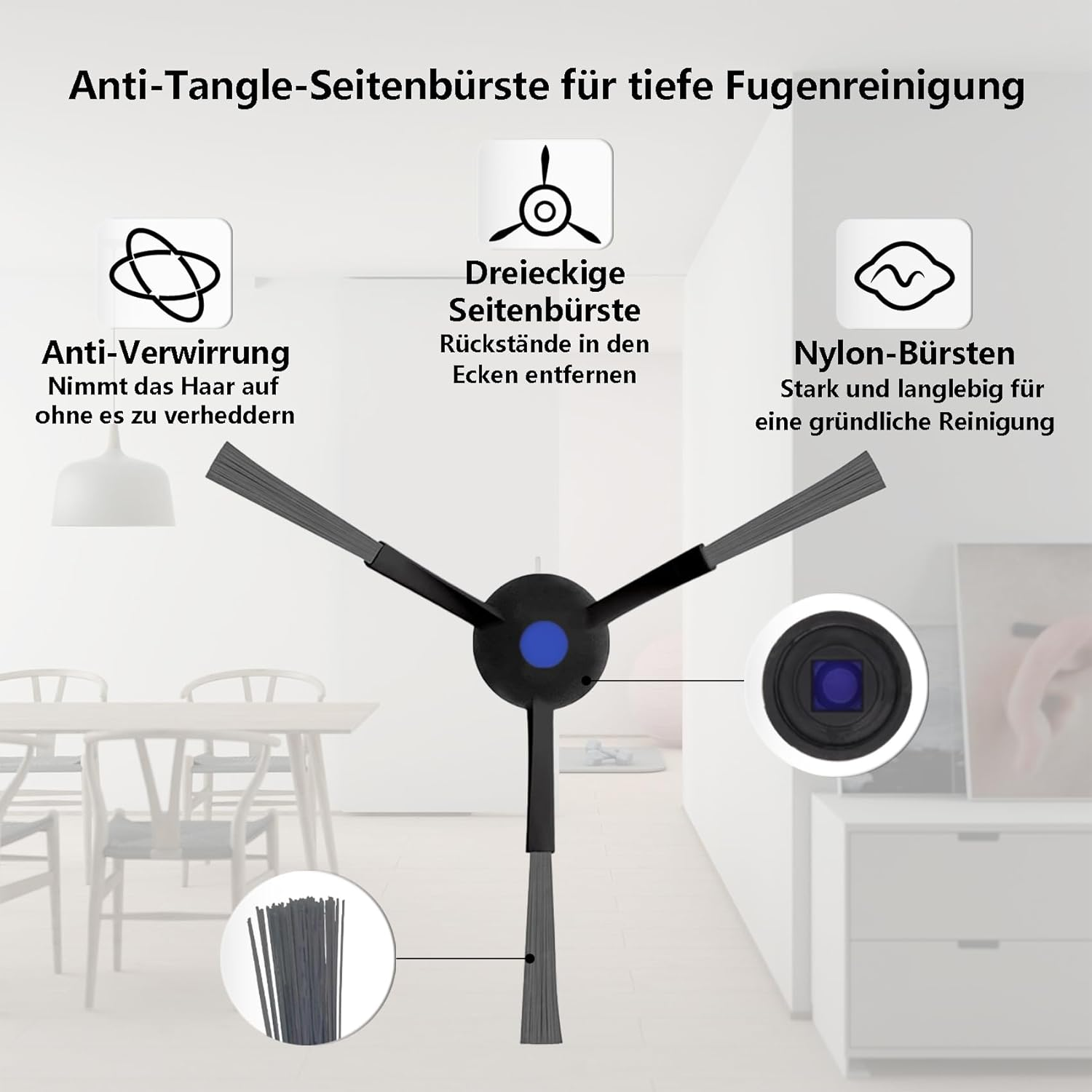 Schemat szczotki do robota sprzątającego z opisami. Zawiera: anty-splątanie, trójkątne szczotki boczne i szczotki nylonowe.