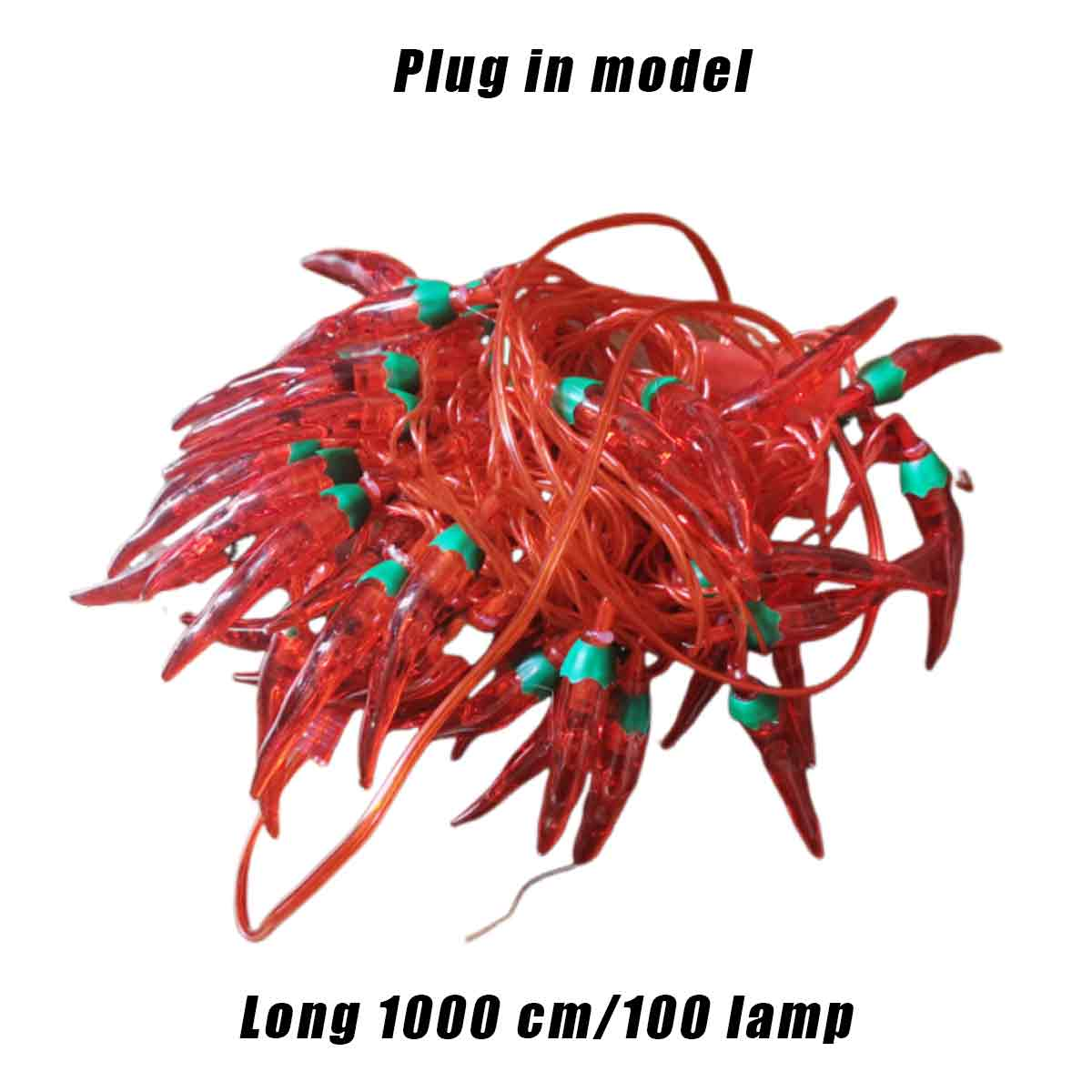 Rote, chili-förmige Lichter. Grüne Spitzen, rote Körper und transparente Drähte. Text oben: Plug-in-Modell. Text unten: 1000 cm/100 Lampen.