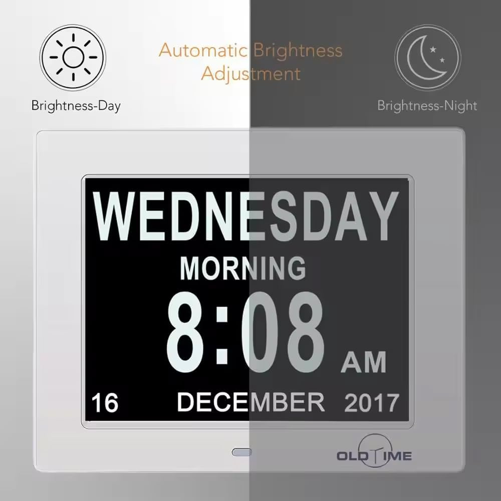 Eine Digitaluhr zeigt 'Mittwoch Morgen 8:08 Uhr, 16. Dezember 2017'. Symbole zeigen Tag-/Nacht-Helligkeitsanpassung an.