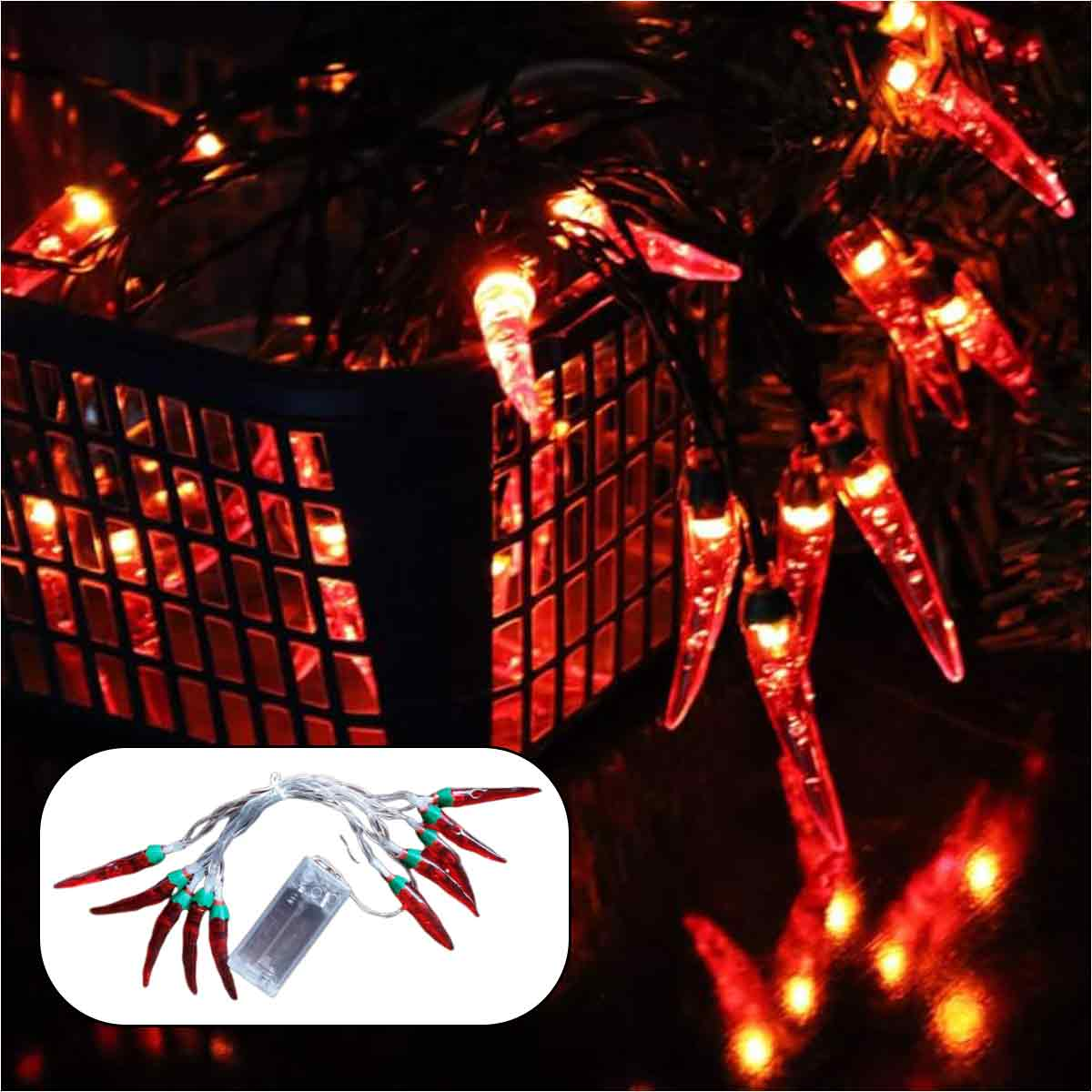 Rote, chili-förmige Lichterketten mit dunklem Hintergrund. Ein kleineres Bild zeigt die Lichterketten mit einem Akku.