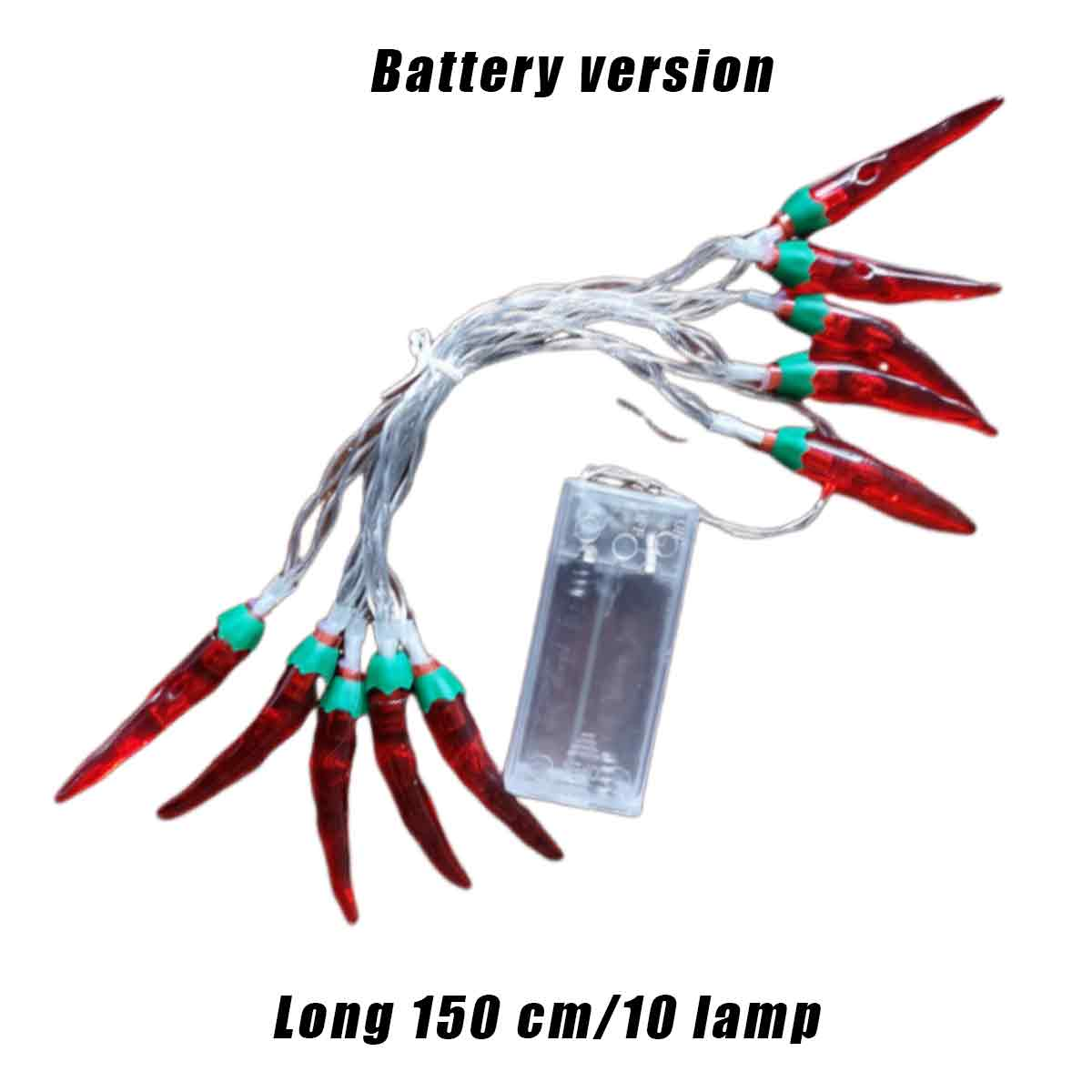 Lichterkette in Form von roten Chilischoten mit grünen Spitzen, verbunden mit einem Akkupack. Der Text lautet 'Batterieversion' und 'Lang 150 cm/10 Lampe'.
