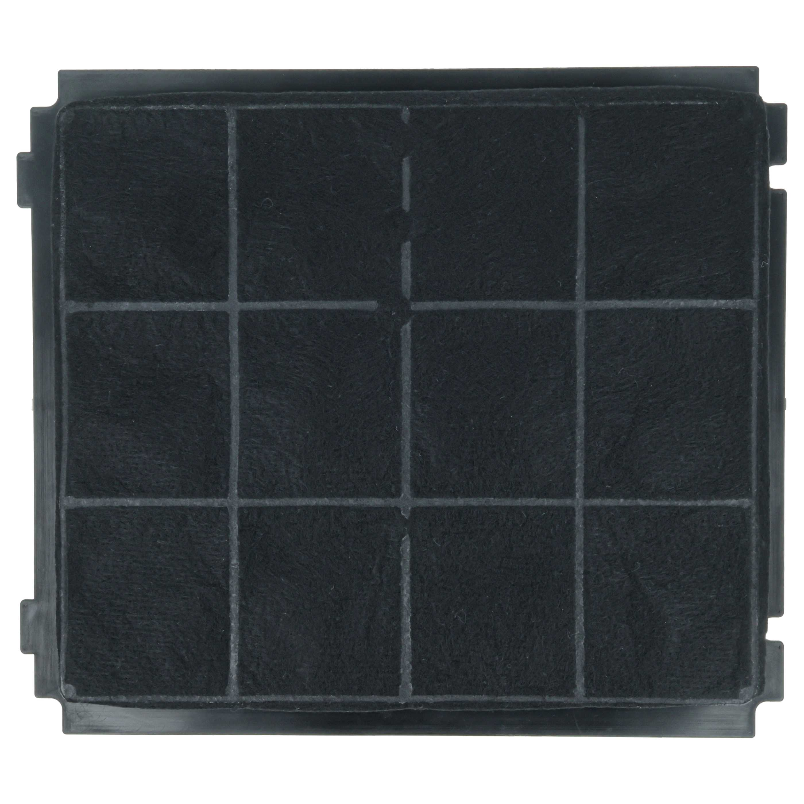 Ein schwarzer rechteckiger Luftfilter mit Gittermuster. Der Filter besteht aus einem dunklen, porösen Material und ist von einem schwarzen Rahmen umgeben.