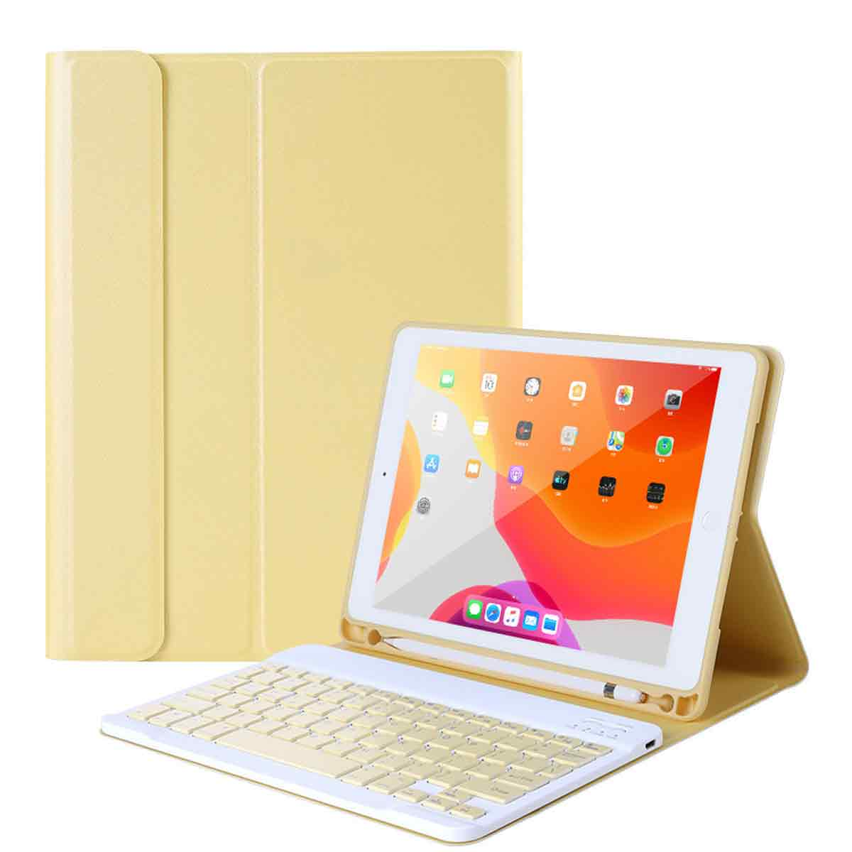 Ein beiges Tablet mit Tastatur und Hülle wird angezeigt. Das Tablet zeigt Apps auf dem Bildschirm. Der Hintergrund ist weiß.