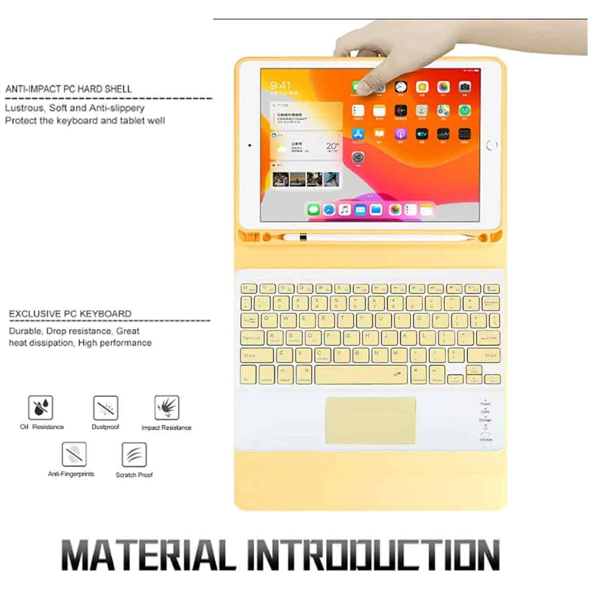 Ein gelbes Tablet mit Tastatur. Eine Hand berührt den Bildschirm. Text zeigt 'ANTI-IMPACT PC HARD SHELL' und 'EXCLUSIVE PC KEYBOARD'.