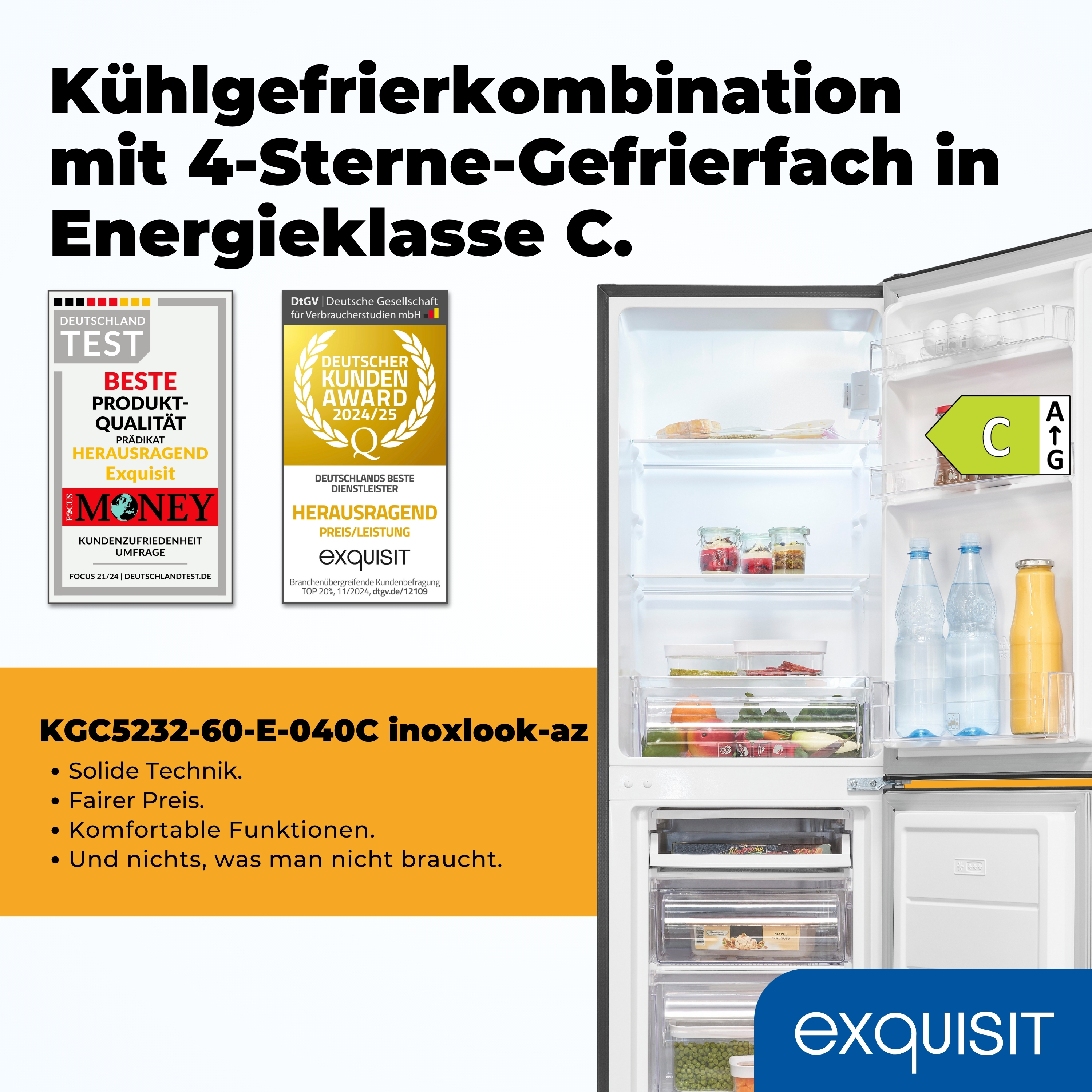 Ein Kühlschrank mit Auszeichnungen und einem Energielabel C. Innen sind Flaschen und Gemüse zu sehen.