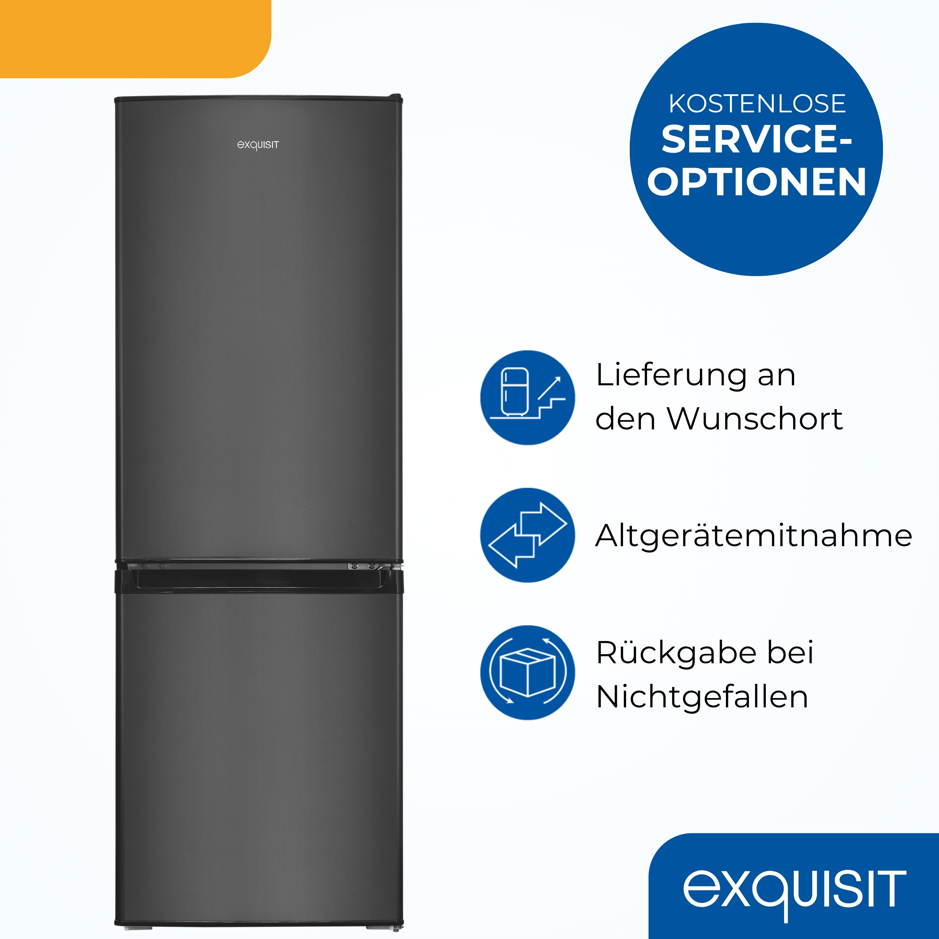 Ein dunkelgrauer Kühlschrank mit Gefrierfach unten. Es hat Serviceoptionen-Icons und den Markennamen exqvisit.